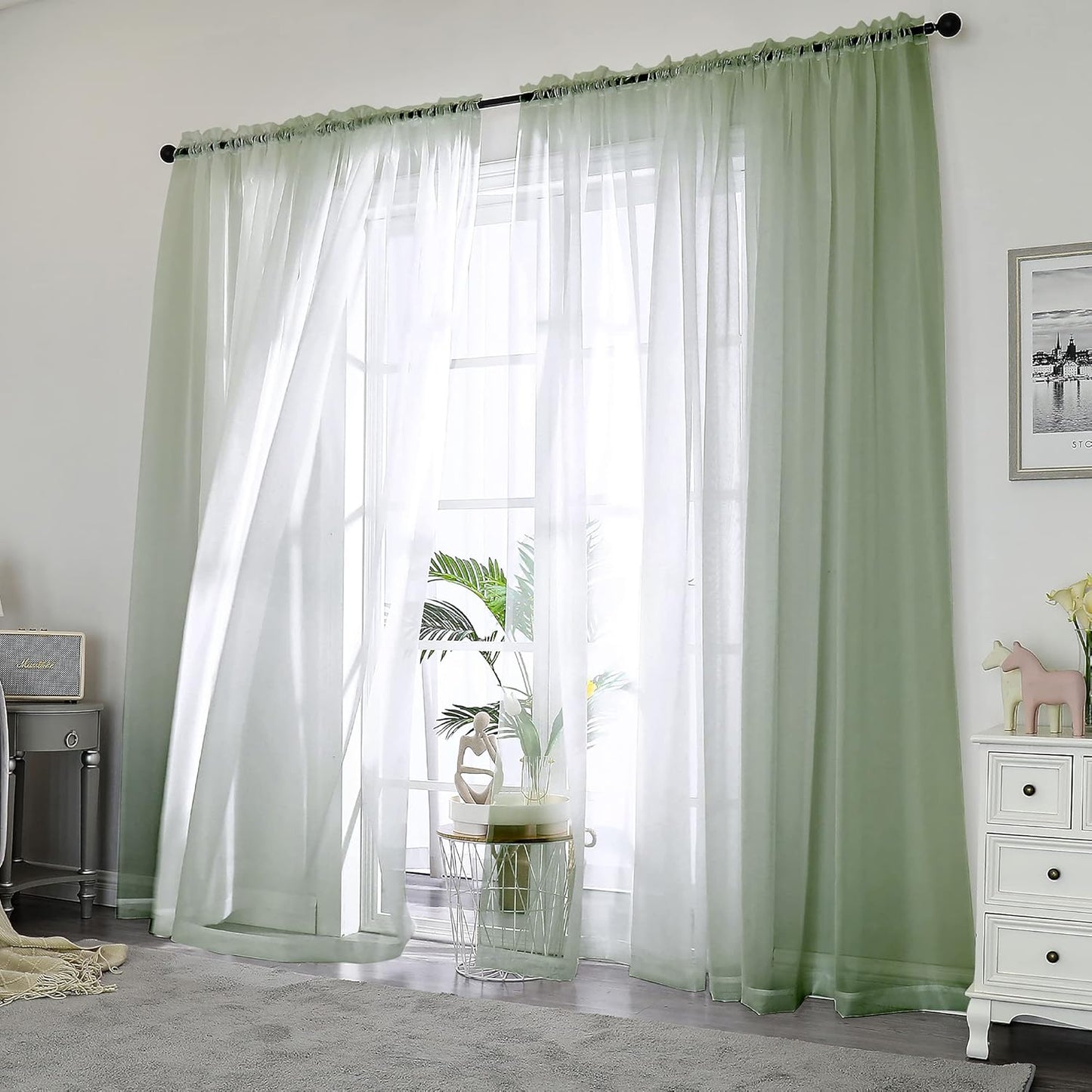 Chyhomenyc Sage Green Sheer Curtains 84 inches Long 2 Panels, Light Filtering Soft Window Treatment Voile Drapes for Living Room Bedroom, Each 42Wx84L,2 PCS