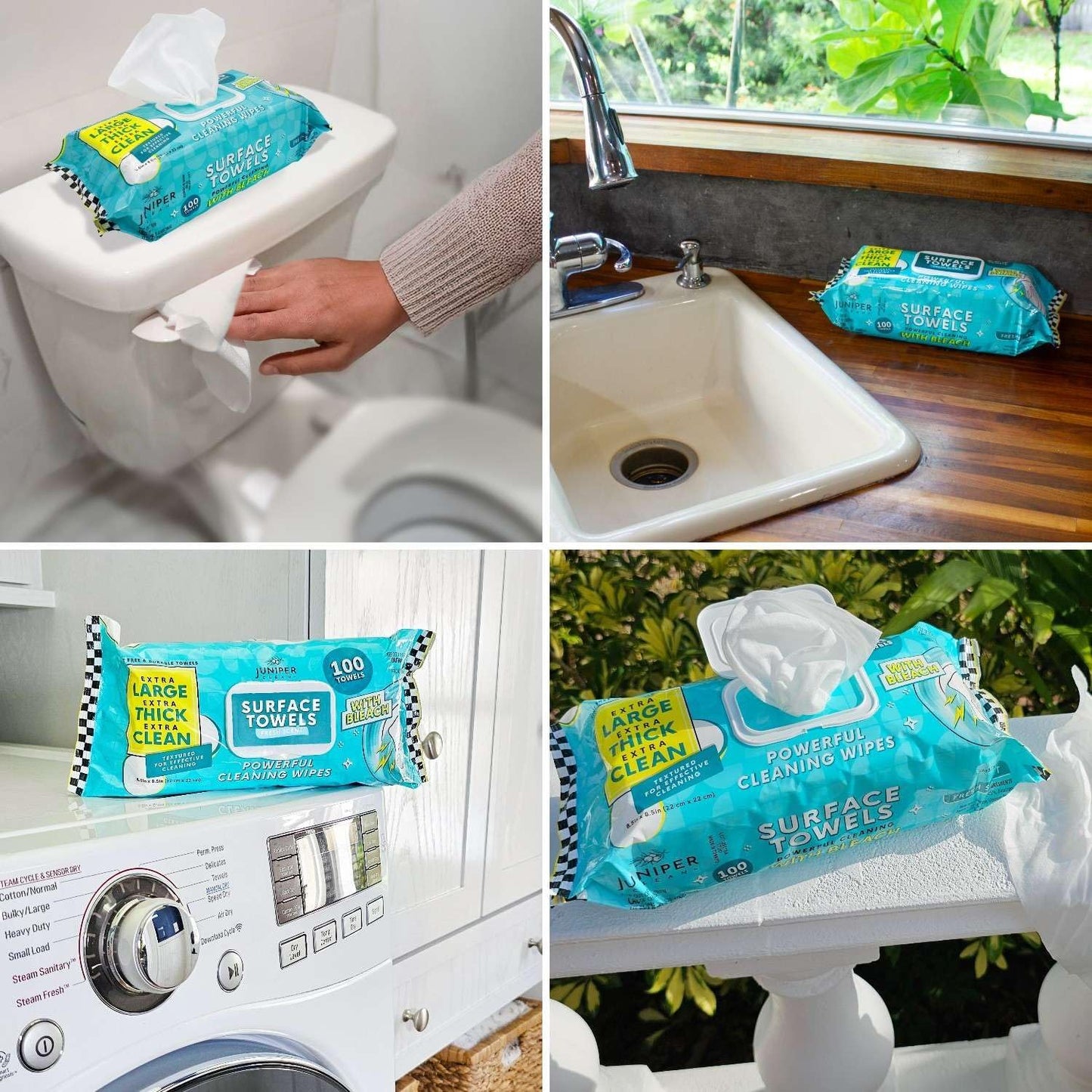 3 Packs Surface Wipes with Bleach, Thick & Large Dispose, All-Purpose Cleaner for Bathroom, Kitchen, Office, 300 Count Soft Flow, Biodegradable, Fresh Scent