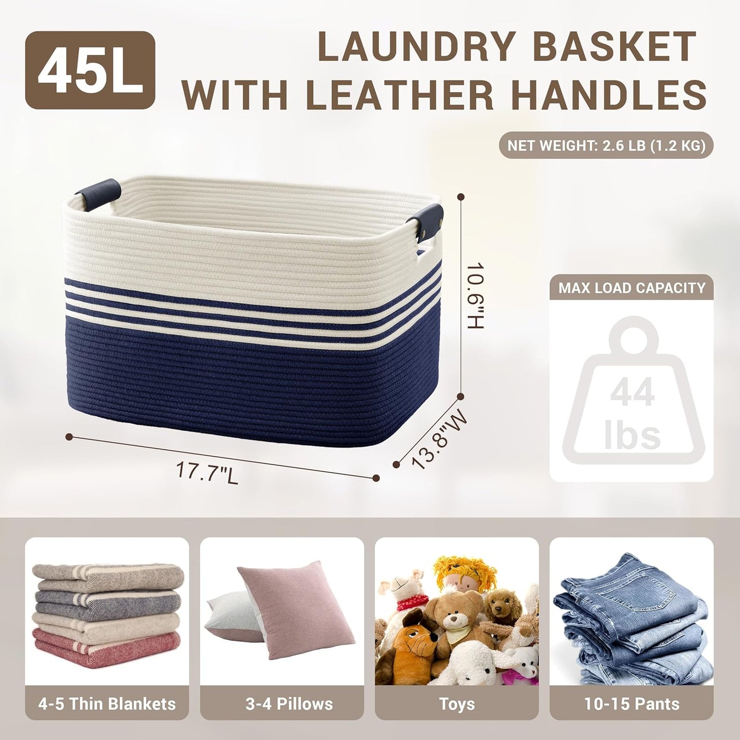45L Small Laundry Basket with Leather Handles for Living Room Storage, Woven Rope Baskets Bin for Blanket, Kids Toy, Gifts, Wicker Hamper for Bedroom Dirty Clothes, 18"x14"x11" White Navy