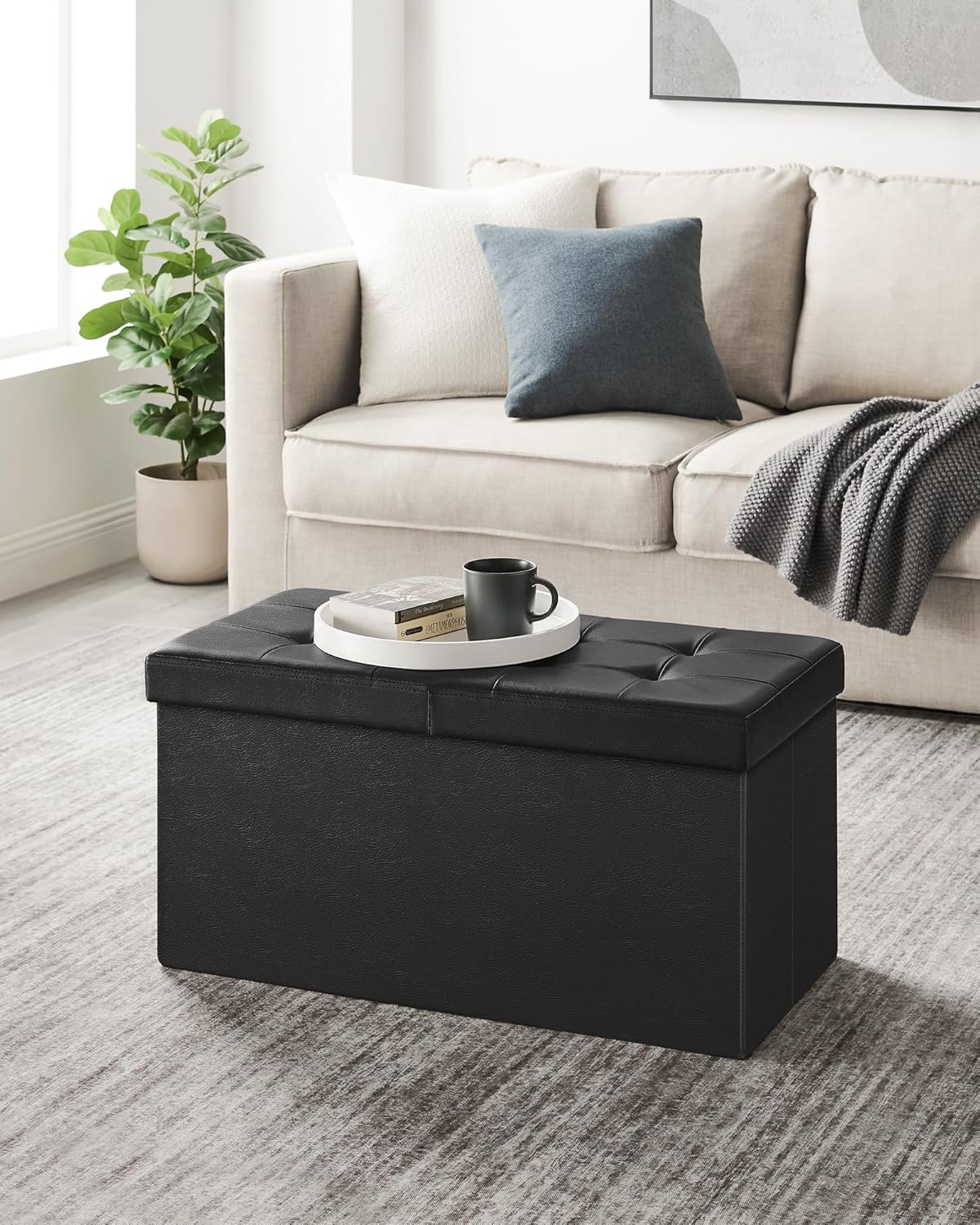 SONGMICS MAZIE Collection - 30 Inches Storage Ottoman Bench with Flipping Lid, Storage Chest Footstool, Load 660 lb, for Entryway, Living Room, Bedroom, Synthetic Leather, Black ULSF45BK