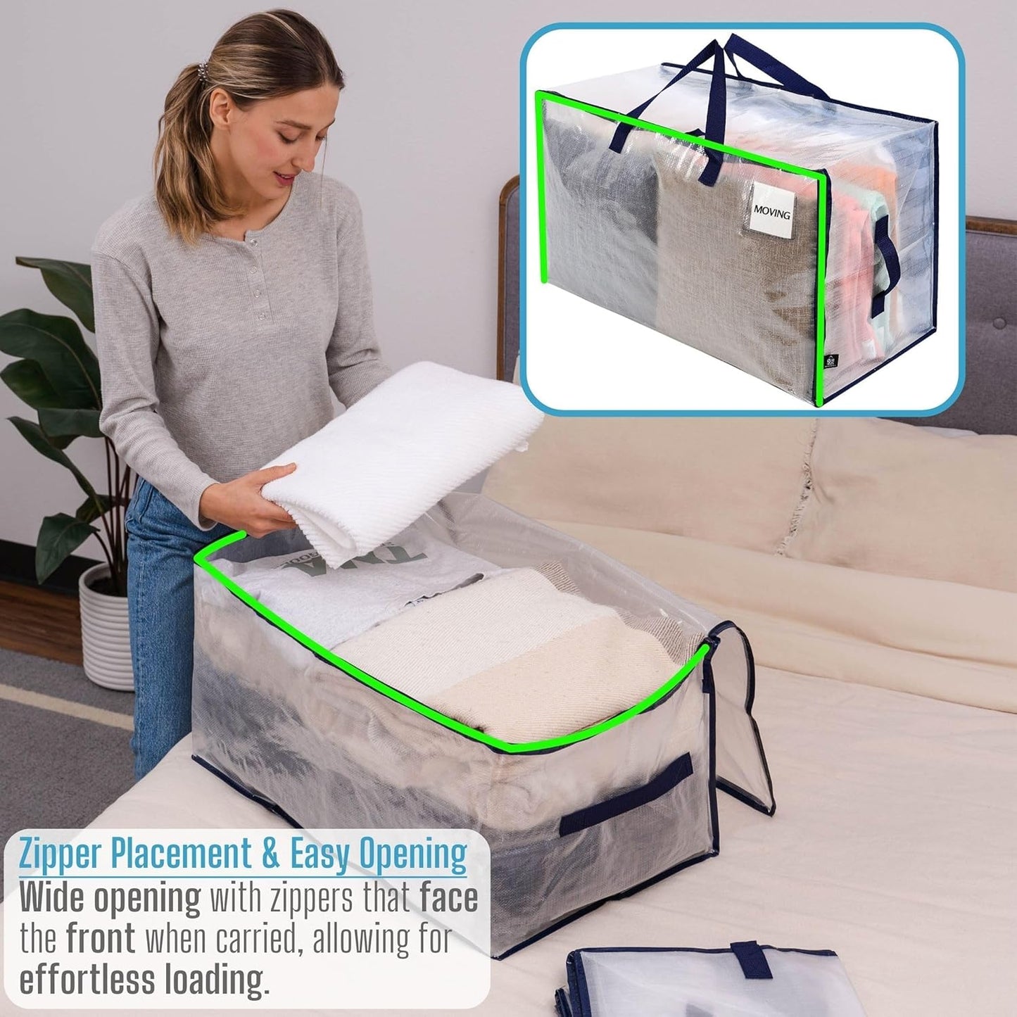 VENO 8 Pack Moving and Storage Bags, Heavy Duty, Alternative to Moving Boxes, Large Packing Totes Supplies for College Dorm Room with Zipper for Clothes, Wide Open Design (Clear, 8 Pack)