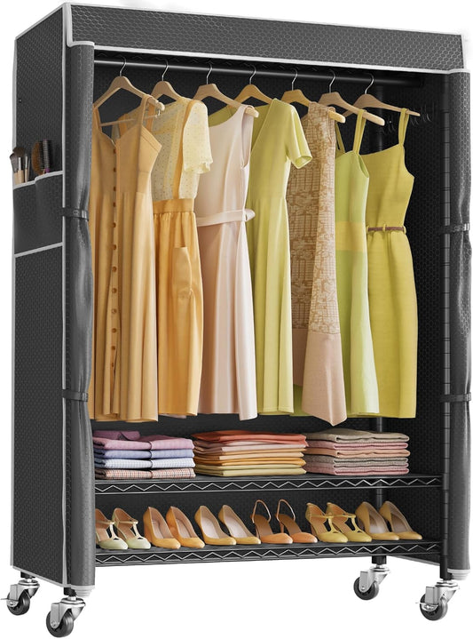 VIPEK R3C Plus Garment Rack - Rolling Clothes Rack with Locking Wheels, Heavy Duty Portable Closet with Adjustable Shelves & Side Hooks, Black