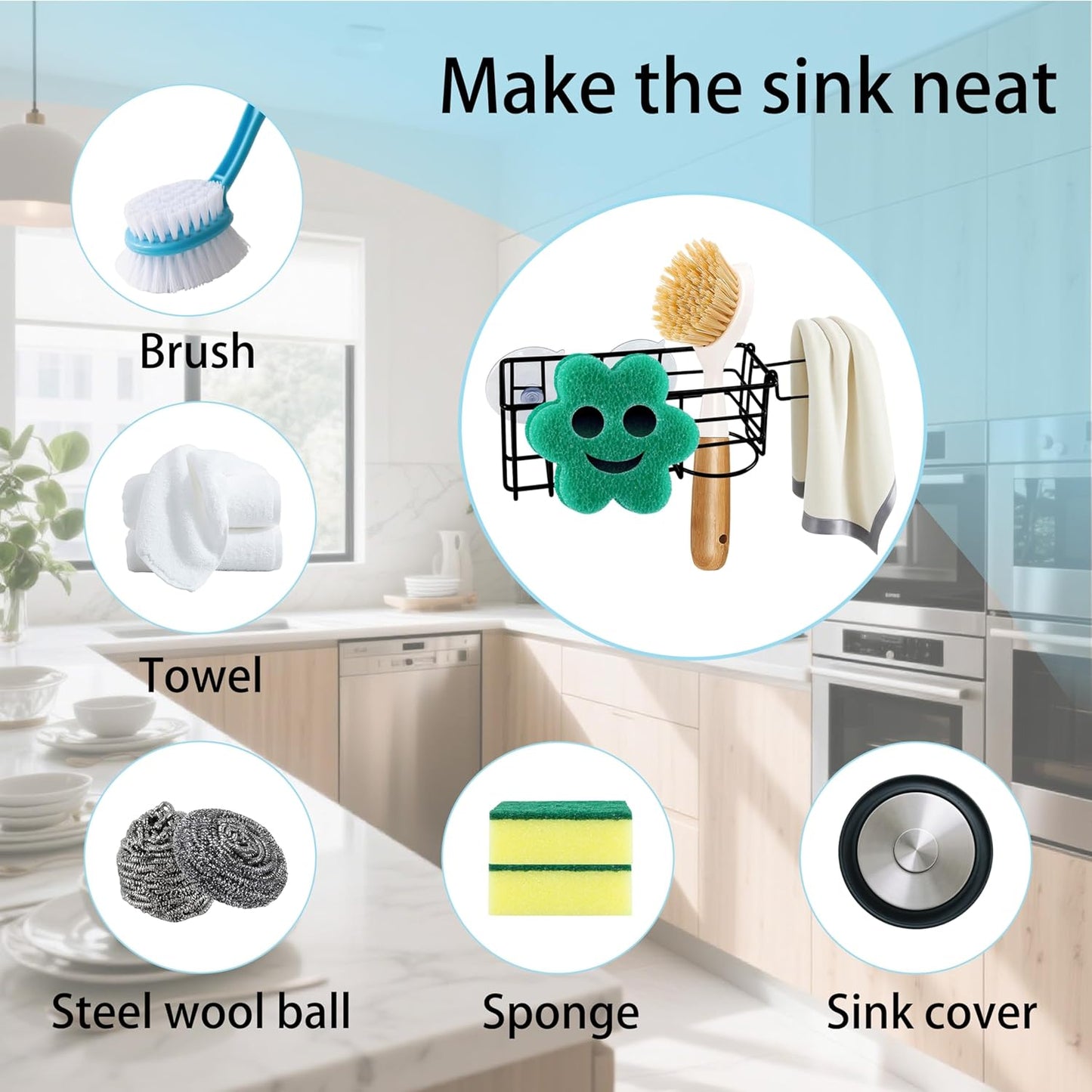 Sponge Holder Smile Face with Dish Cloth Hanger for Kitchen Sink, In-sink Caddy Organizer with Suction Cups & Adhesive Strips, Rustproof Sponge Rack for Soap, Brush, Scrubber - Black（3 Pack）