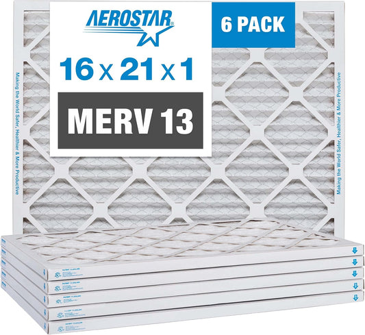 Aerostar 16x21x1 MERV 13 Pleated Air Filter, AC Furnace Air Filter, 6 Pack (Actual Size: 15 7/8" x 20 7/8" x 3/4")