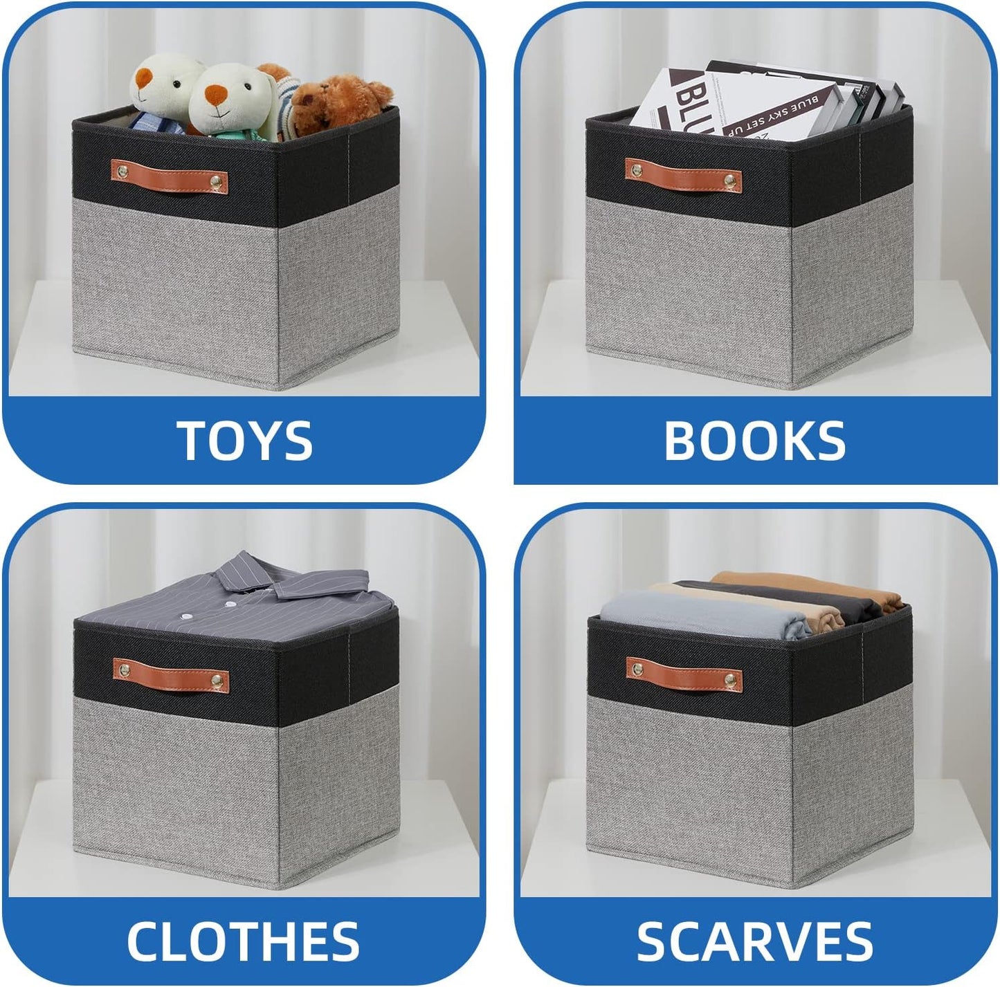 Temary 11 x 11 Cube Storage Bins Fabric Storage Cubes for Shelf, Closet, 4 Pack Cube Basket for Clothes, Storage Cube Bins with Leather Handles(Black&Grey)