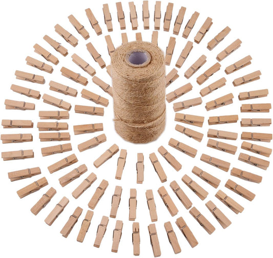 320 Feet Jute Twine and 100 Pieces Mini Natural Wooden Craft Clothespins Pegs Clips