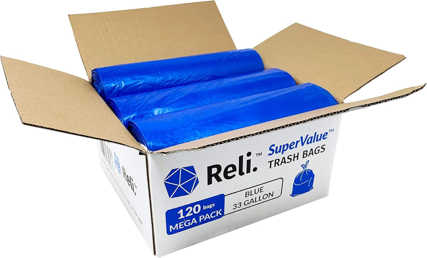 Reli. SuperValue 33 Gallon Recycling Bags (120 Count) Made in the USA - Blue Trash Bags, 30-33 Gallon | Recycling, Garbage | 33Gal with 30Gal - 35Gal Capacity