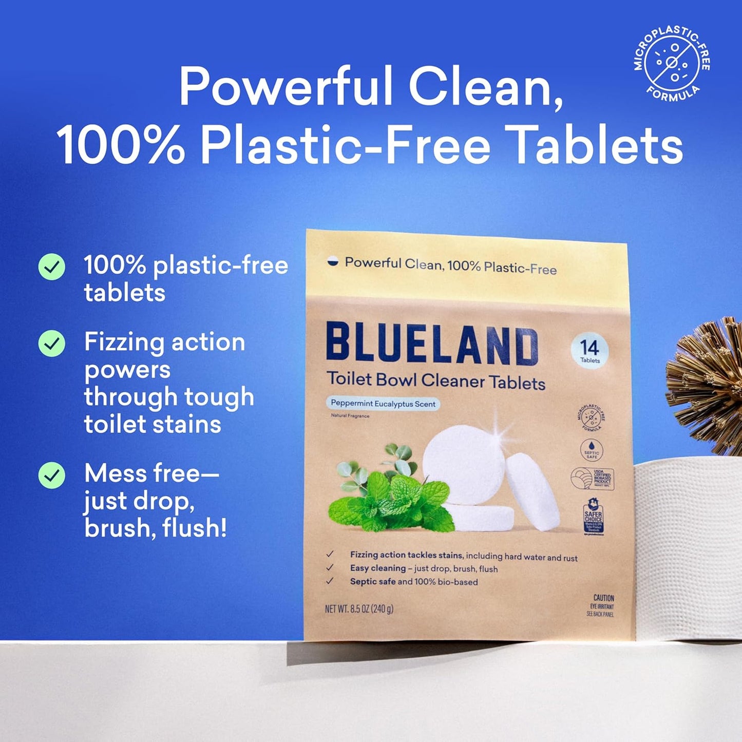 BLUELAND Toilet Bowl Cleaner Tablets, Starter Set, 14 Count with Tin, Peppermint Eucalyptus, Plastic-Free, No Harsh Chemicals, Plant-Based