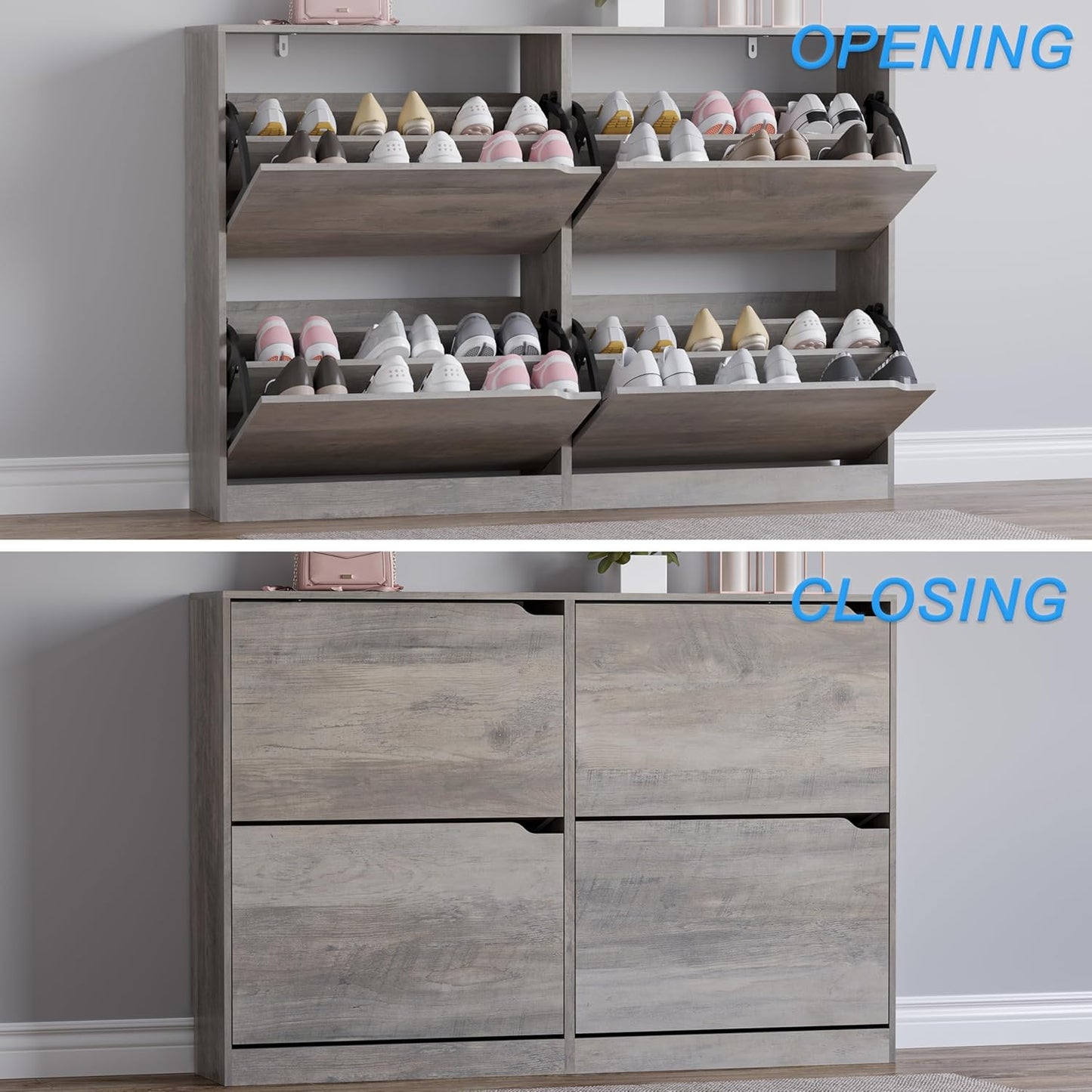 Shoe Cabinet with 4 Flip Drawers, Narrow Hidden Shoe Storage Cabinet, Slim Freestanding Shoe Rack Organizer for Entryway, Hallway, Bedroom, Living Room