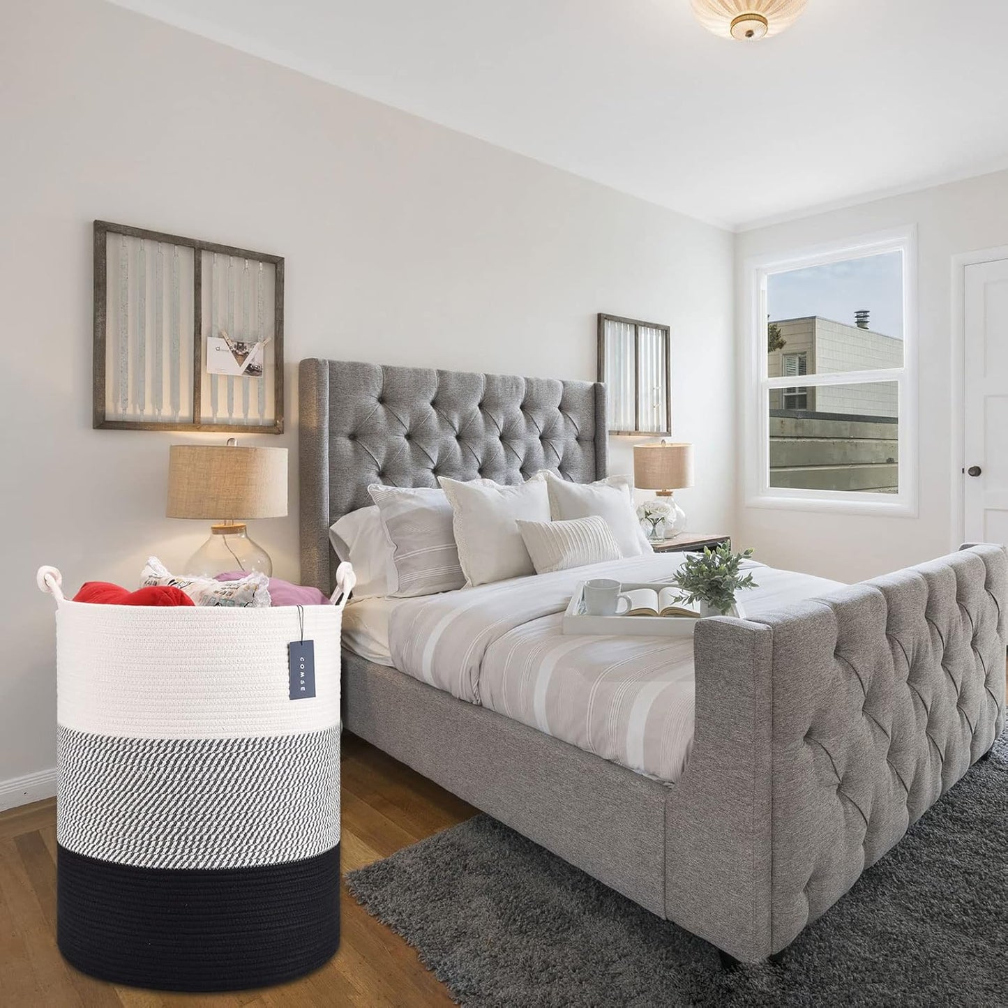 COMSE Extra Large Blanket Basket, Tall Woven Storage Basket, Nursery Hamper, 15.7”x 21.7”, Cotton Rope Laundry Hamper for Toys Clothes Towels, White/Gray/Black