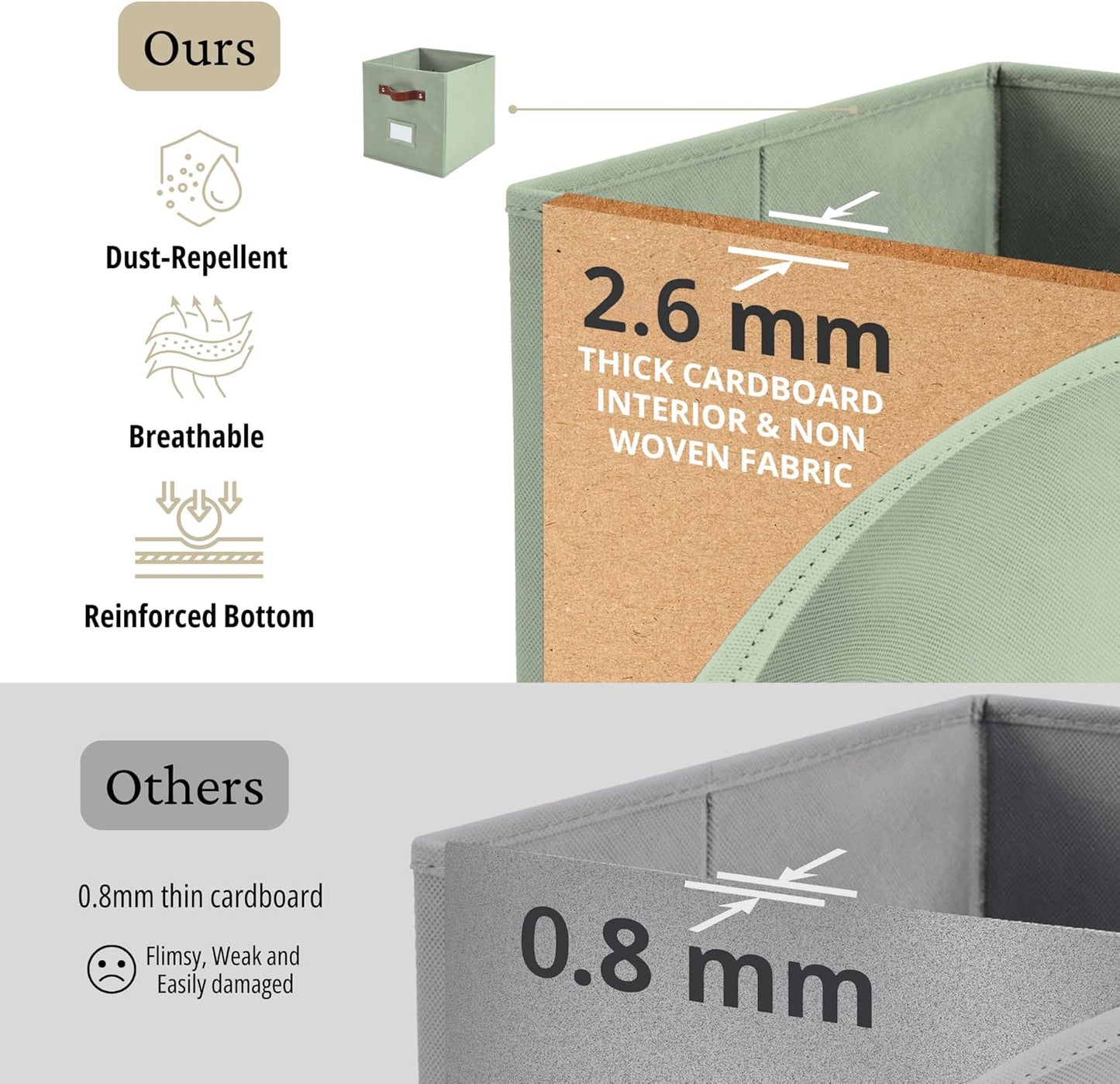 DECOMOMO Storage Bins, Cube Storage Bin with Labels, Fabric Storage Cubes for Shelves (10.5" x 11" / 2pcs, Sage Green)