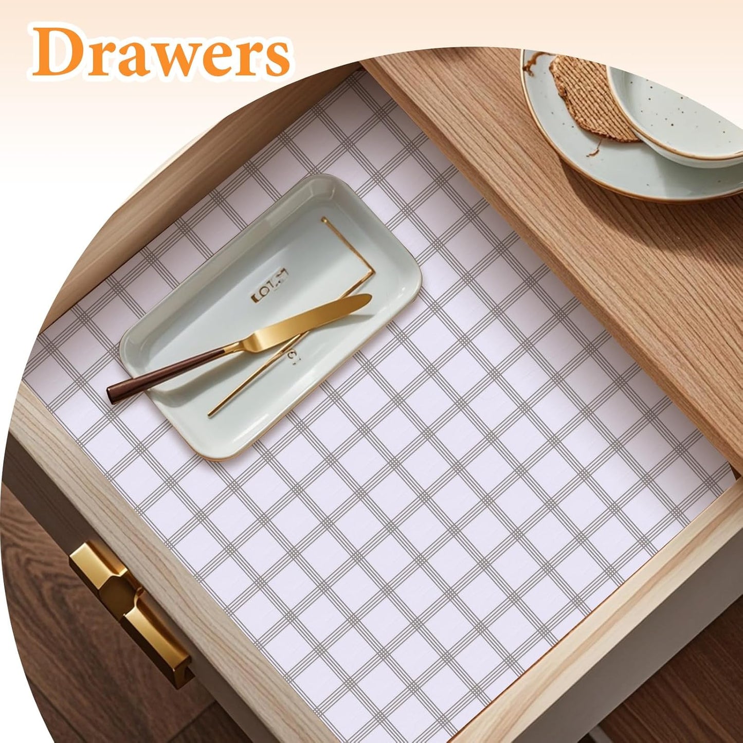 Shelf Liner for Kitchen Cabinets Non Adhesive Drawer Liner Non-Slip Thickened Shelf Liner Paper Strong Easy to Clean for Tool Box Refrigerator with Knife and Tape Measure, White Square,23.6 x 354.3 IN