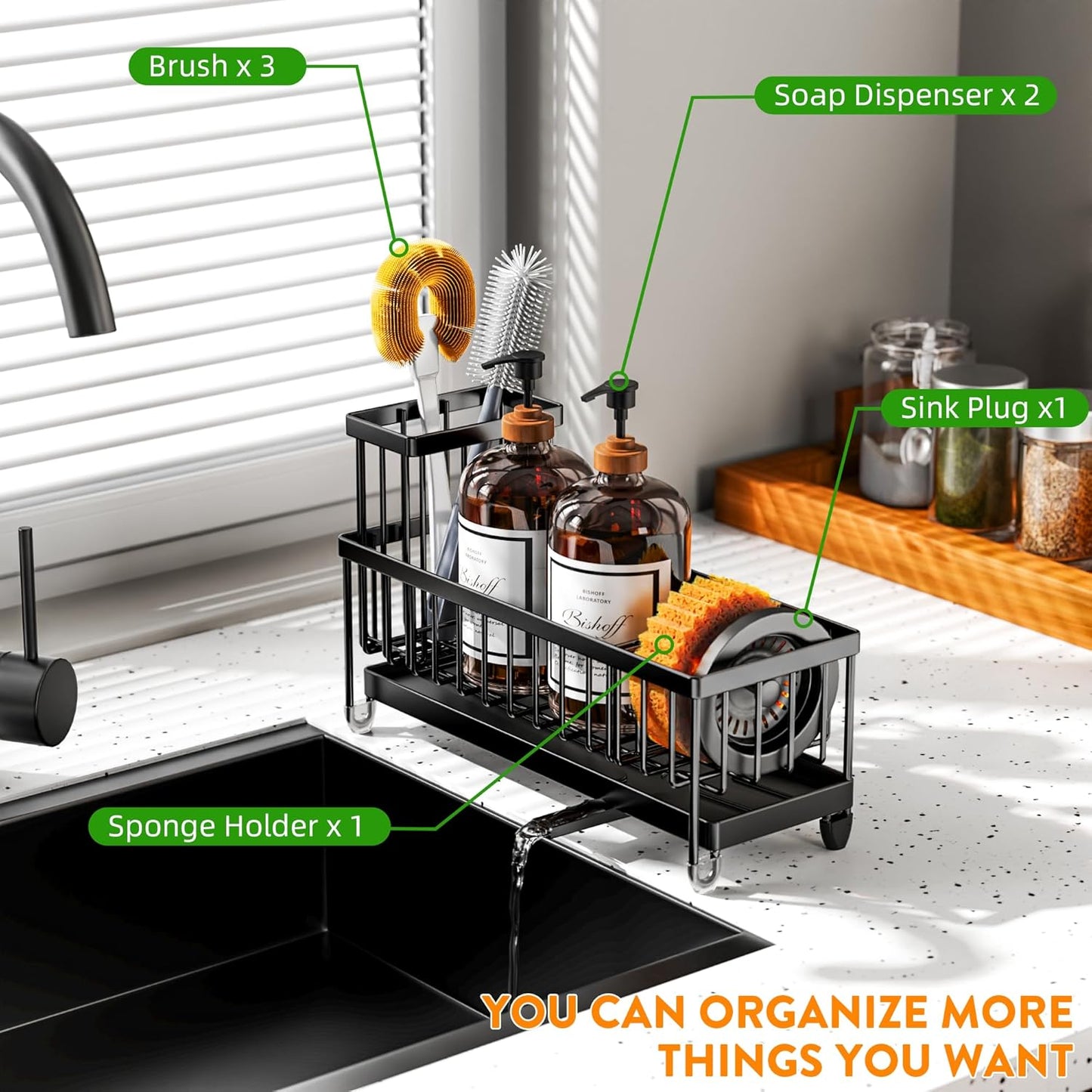 Cisily Extra Large Black Sponge Holder for Kitchen Sink, Sink Caddy Organizer with High Brush Holder, Kitchen Countertop Organizers and Storage Essentials, Rustproof 304 Stainless Steel