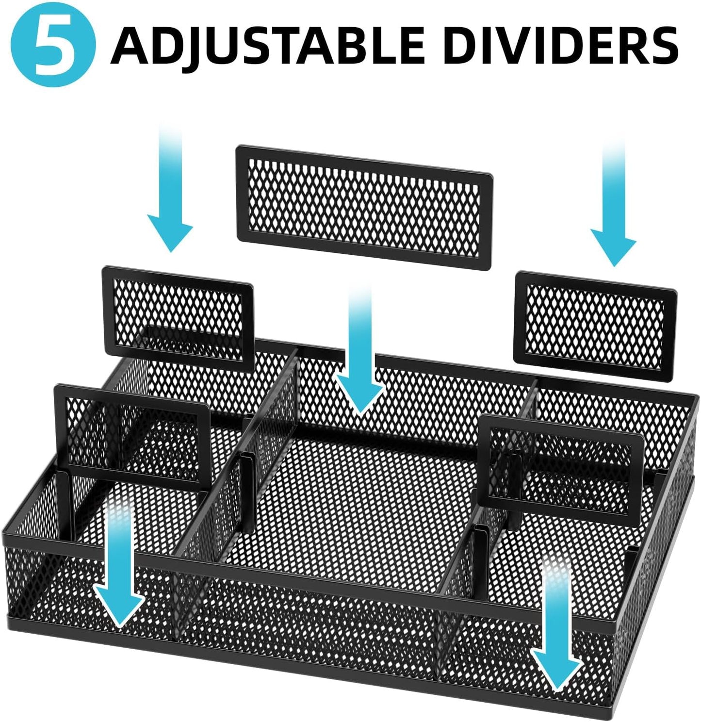 Marbrasse 2 Pack Desk Drawer Organizer, Mesh Drawer Organizer Tray with 8 Adjustable Compartments, Desk Organizers and Accessories, 5 Dividers Drawer for Office Supplies, Makeup & Vanity (Black)
