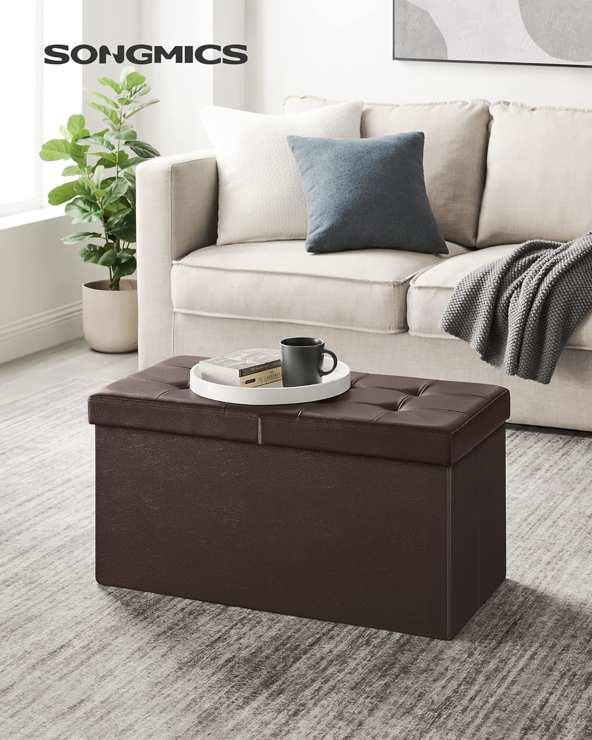 SONGMICS MAZIE Collection - 30 Inches Storage Ottoman Bench with Flipping Lid, Storage Chest Footstool, Load 660 lb, for Entryway, Living Room, Bedroom, Synthetic Leather, Brown ULSF45BR