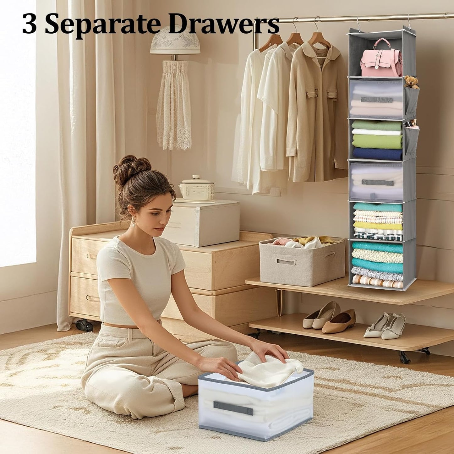 6-Tier Hanging Closet Organizer with 3 Drawers and Side Pockets – Multi-Functional Storage for Shoes, Belts, Purses, and Clothing