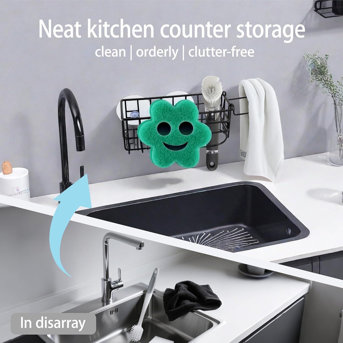 Sponge Holder Smile Face with Dish Cloth Hanger for Kitchen Sink, In-sink Caddy Organizer with Suction Cups & Adhesive Strips, Rustproof Sponge Rack for Soap, Brush, Scrubber - Black（3 Pack）