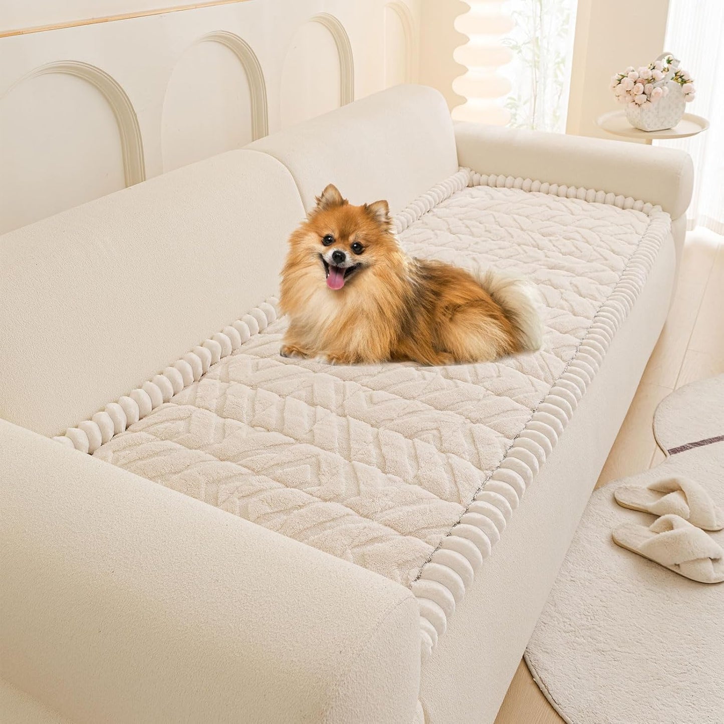 OTOB Couch Covers for 3 Cushion Couch Sofa Pet Friendly, Washable & Non Slip Geometric Jacquard Modern Plush Fuzzy Sofa Slipcovers Protector, All Season Soft Pet Couch Cover (White, 27.6"x82.7")