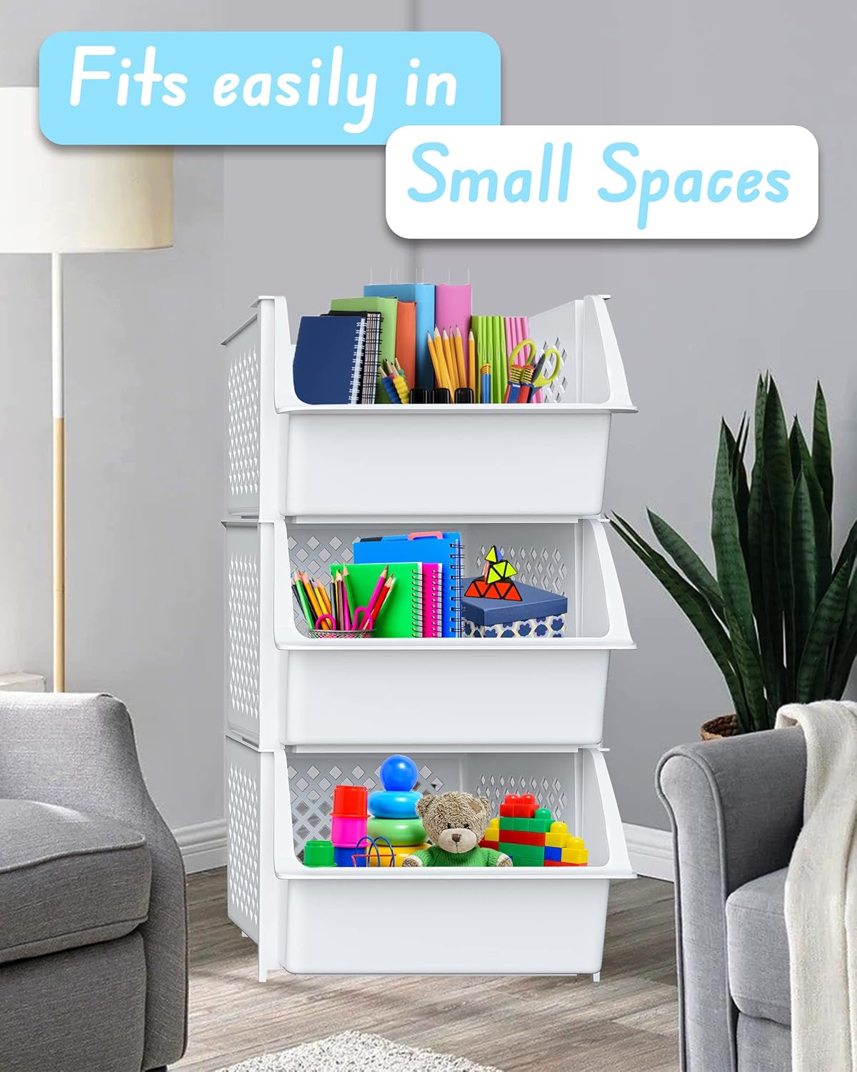 Skywin TidyFriend Plastic Stackable Storage Bins for Pantry, 3 Pack White Stackable Bins For Organizing Food, Kitchen, and Bathroom Essentials (White)