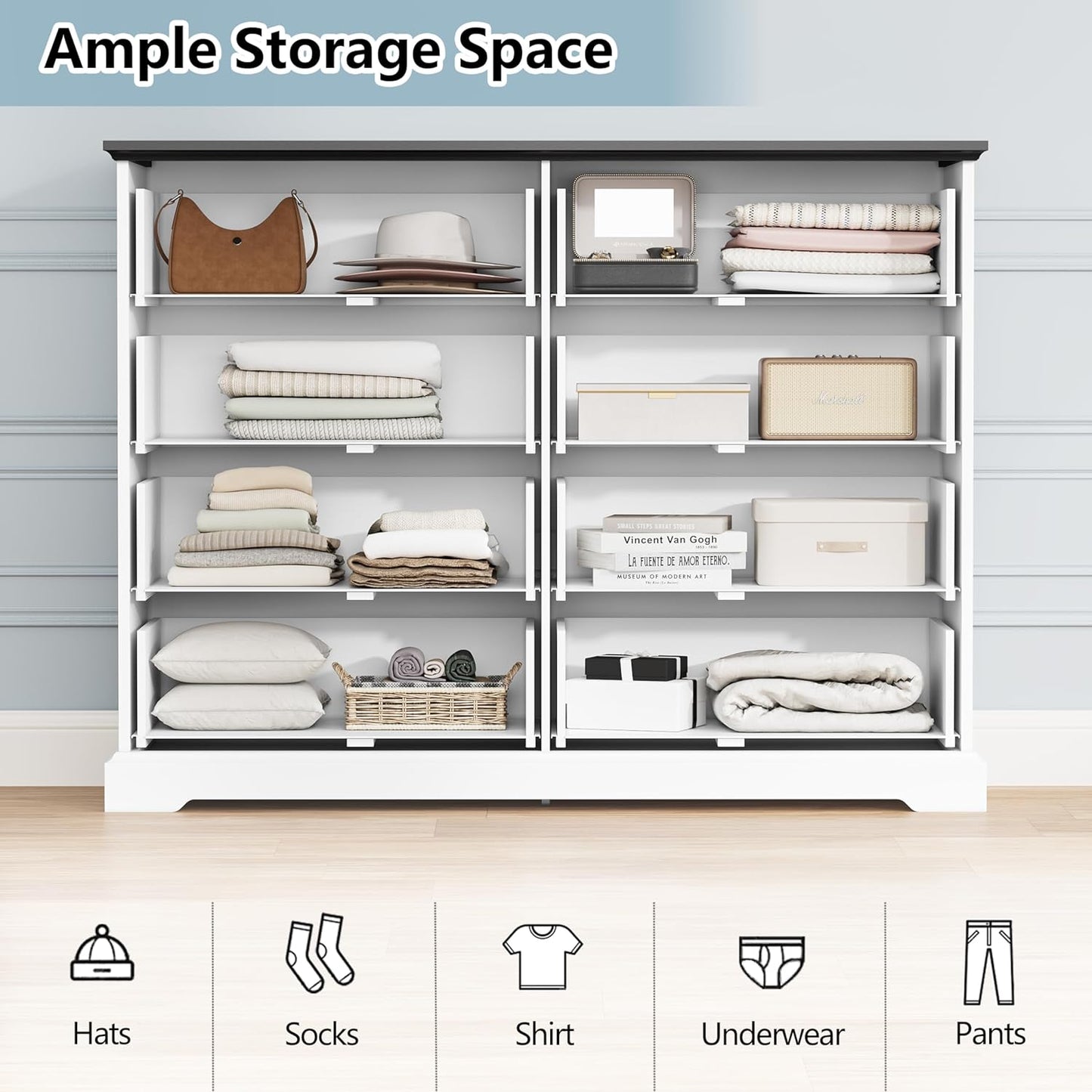 8 Drawer Dresser for Bedroom, 47" Wide Wooden Chest of Drawers, Rustic Farmhouse Dresser with Large Drawers & Metal Handles, Modern Storage Organizer for Closet, Living Room, Hallway, White