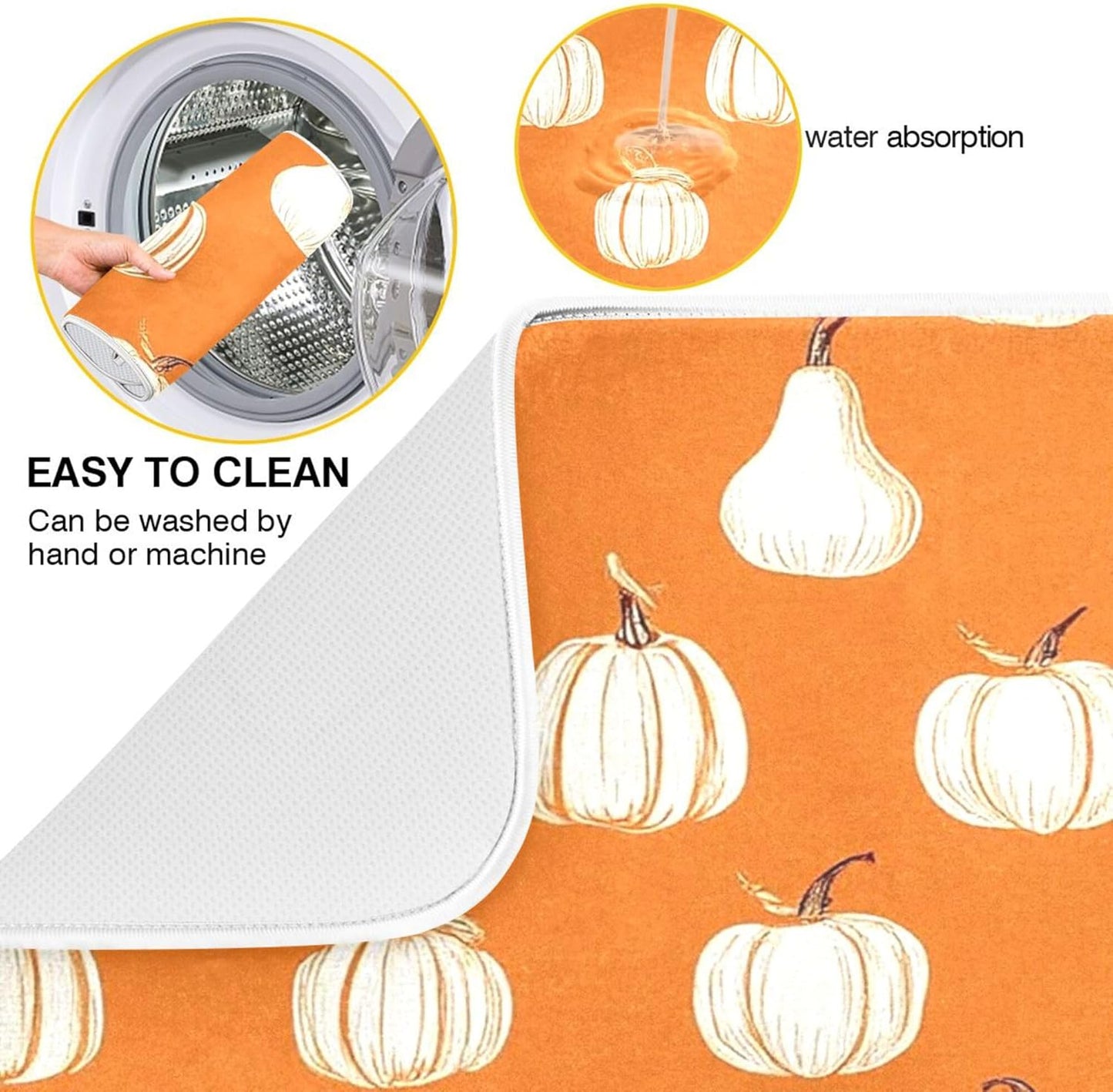 Hello Fall Burnt Orange Dish Drying Mat for Kitchen Countertop 18x24 Autumn Pumpkin Large Drying Mat Reusable Quick Dry Dish Sink Mats Easy Clean Decorative Essentials
