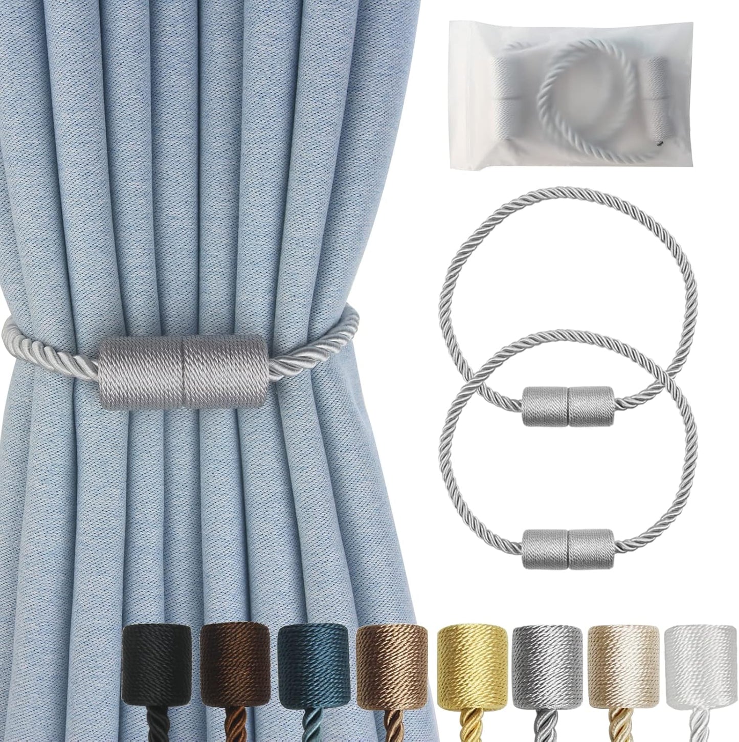 Magnetic Curtain Tiebacks 2 Pack Grey Curtain Rope Tieback Curtain Holders for Drapes Modern Tie Backs Decorative Curtain Holdbacks
