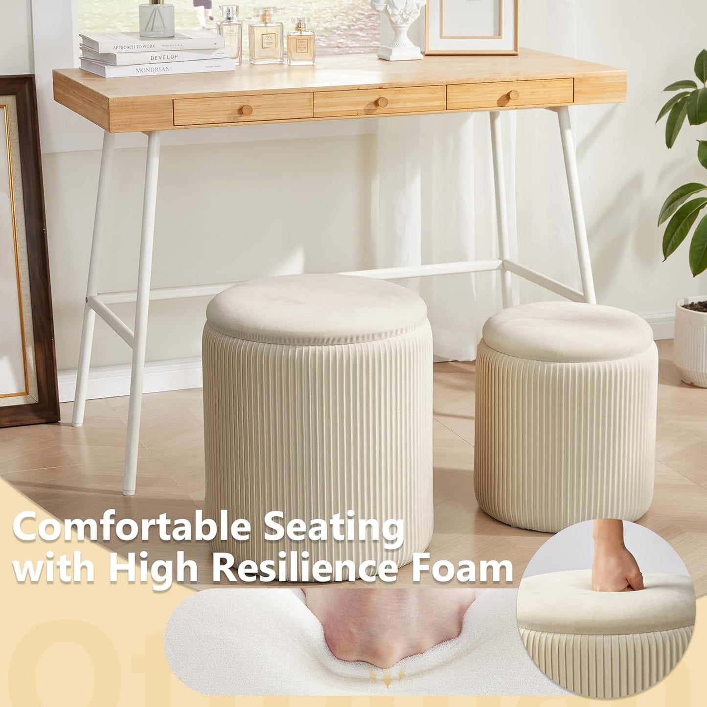 Round Ottoman with Storage Set of 2,Vanity Stool with Storage for Bedroom, Ottoman Coffee Table,Small Velvet Foot Stool for Living Room, Beige