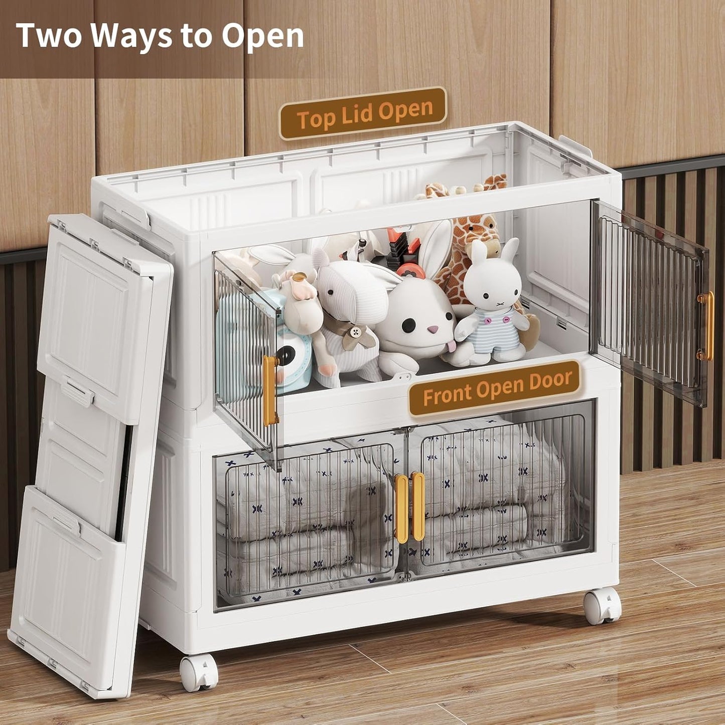 100Gal Stackable Plastic Storage Bins with Lids, Collapsible Closet Organizers and Storage with Wheels for Living Room,Office,Dorm 26.8" W x 14.4" D x 60" H, 5 Tier