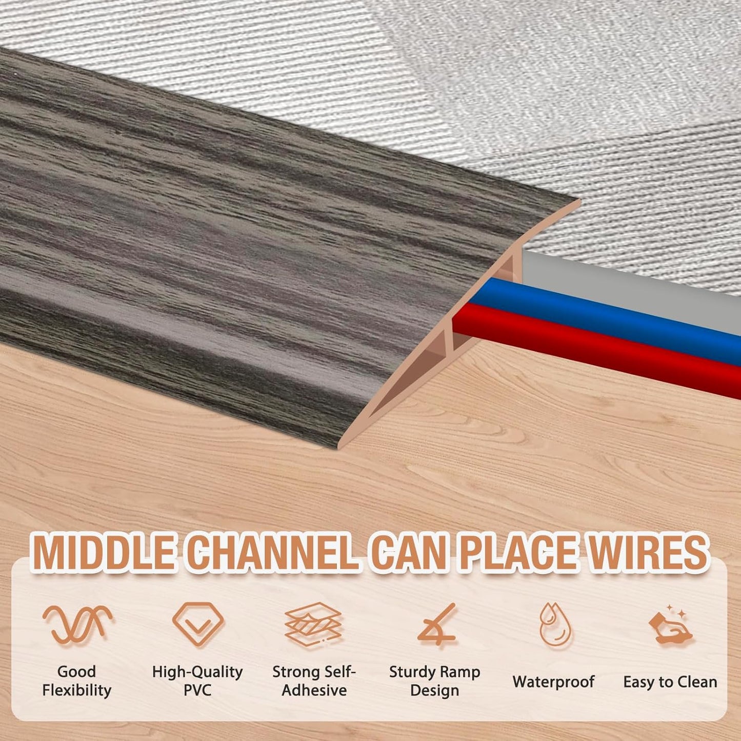 Floor Transition Strip Self Adhesive Vinyl Door Threshold for Doorways Carpet Edging Trim Overlap Edge Reducer for Laminate Floor, Carpet, Tile (Grayish Brown Wood Grain, 1/5" to 2/5", 6.6Ft)