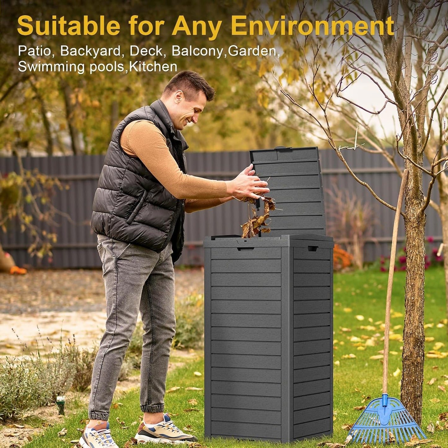 Outdoor Trash Can Waterproof Resin Garbage Bin, 31 Gallon with Tiered Lid and Drip Tray, for Patio, Backyard, Deck（Grey）, Gray