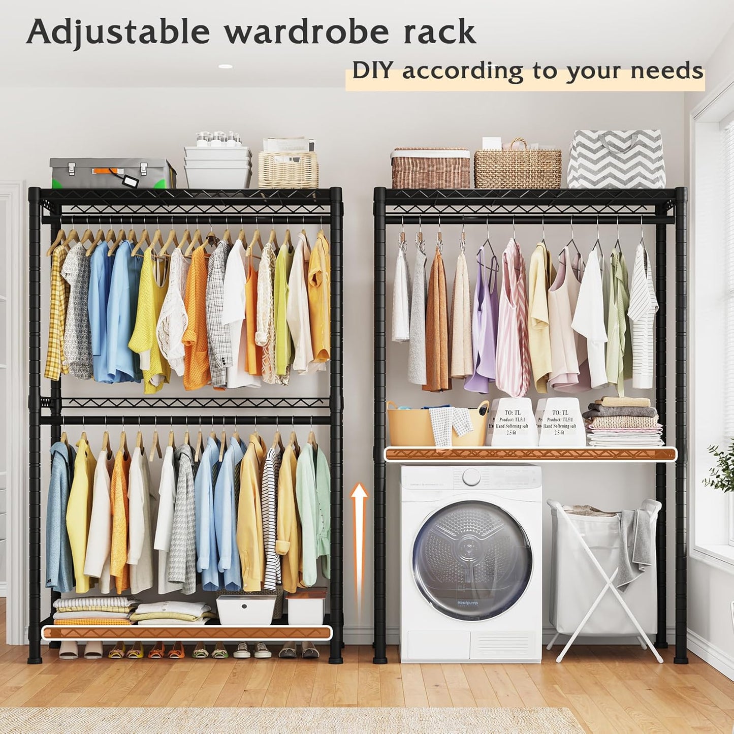 Raybee Heavy Duty Clothing Rack with Wheels,Rolling Clothes Rack for Hanging Clothes,Portable,2 Shelves,Black