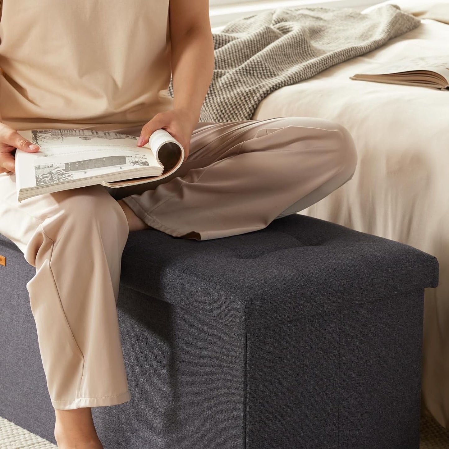 HAUSFRAU - 30 Inches Storage Ottoman Bench with Flipping Lid, Foldable Storage Chest Foot Rest for Living Room, Bedroom, Entryway, Load 660 lb, Linen Dark Gray