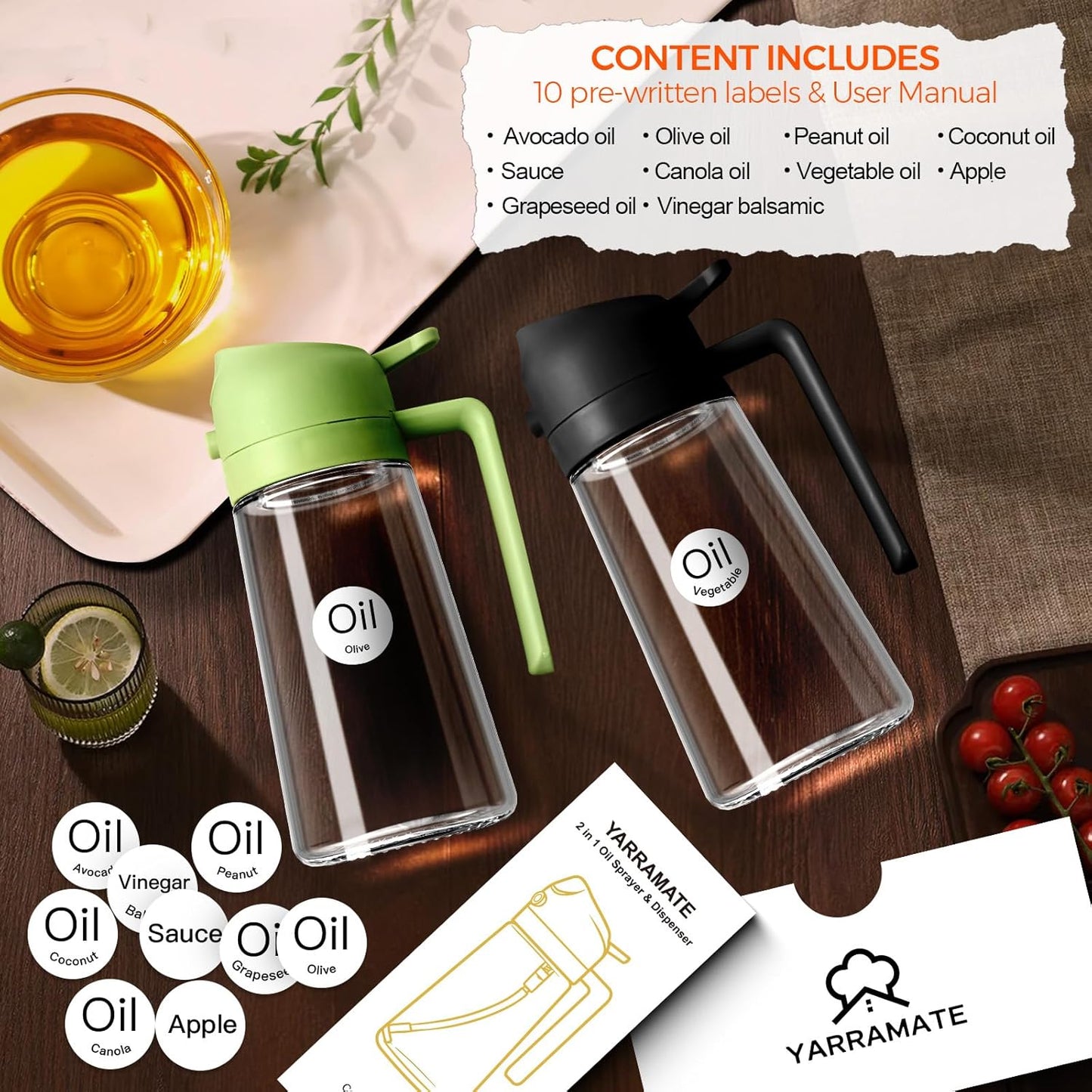YARRAMATE Olive Oil Dispenser, 2 in 1 Oil Sprayer for Cooking, 16oz/470ml Glass Oil Spray Bottle with Pourer, Food-grade Oil Dispenser and Oil Sprayer for Kitchen, Salad, Frying, BBQ (Black & Green)
