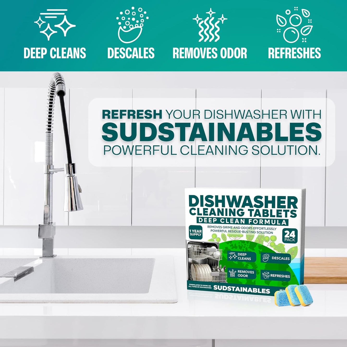 Sudstainables Dishwasher Cleaner and Deodorizer Tablets, 24 Pack – Dishwasher Cleaning Tablets for Odor and Buildup Removal, Descaler - 1-Year Supply