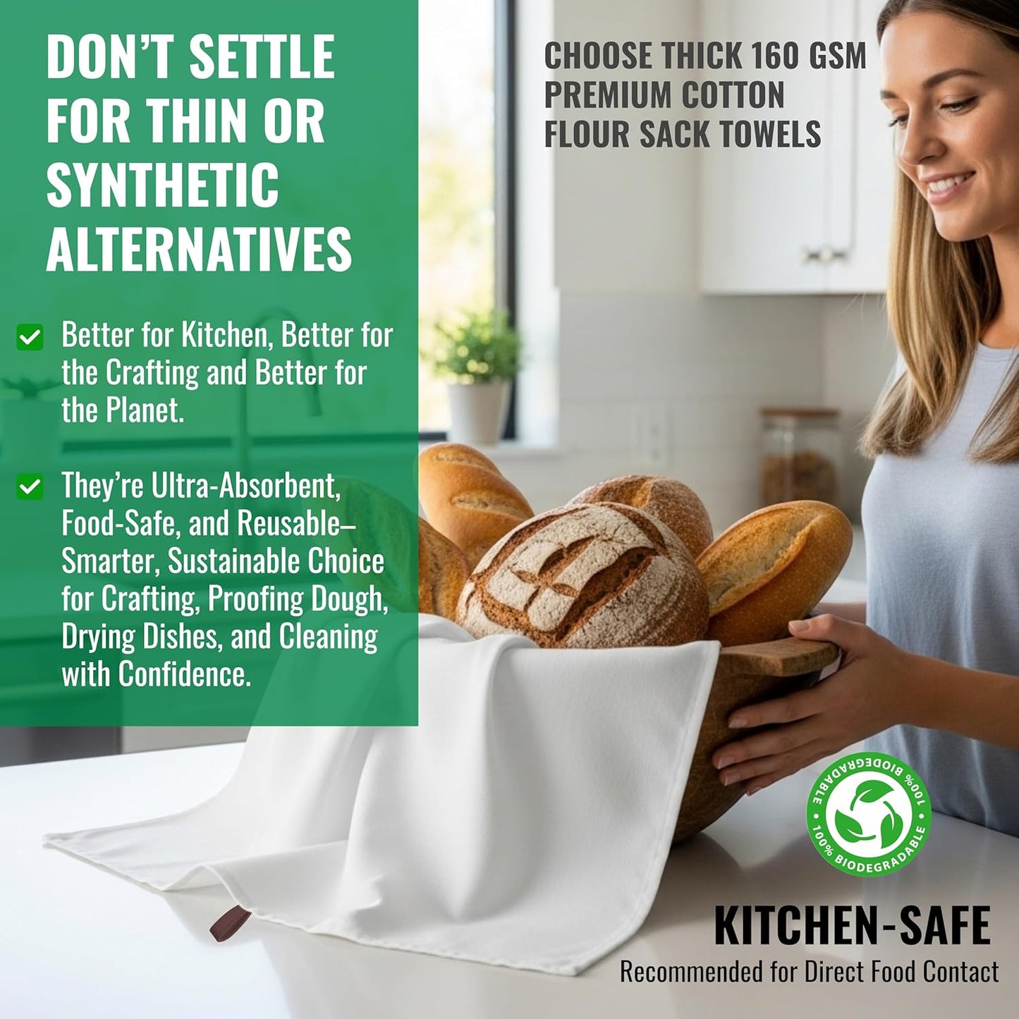 7-Pack Flat Flour Sack Towels – 100% Cotton Kitchen Dish & Tea Towels for Crafting, Embroidery, Baking & Bread Proofing – Thick, Absorbent, Quick-Drying – White (18x28)