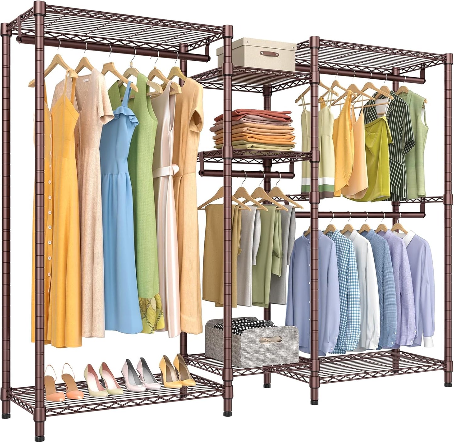 VIPEK Classic V6 Wire Garment Rack Heavy Duty Clothes Rack for Hanging Clothes, 5 Tiers Freestanding Closet Rack Large Size Metal Clothing Rack with 7 Shelves & 4 Hanging Rods, Max Load 850LBS, Bronze