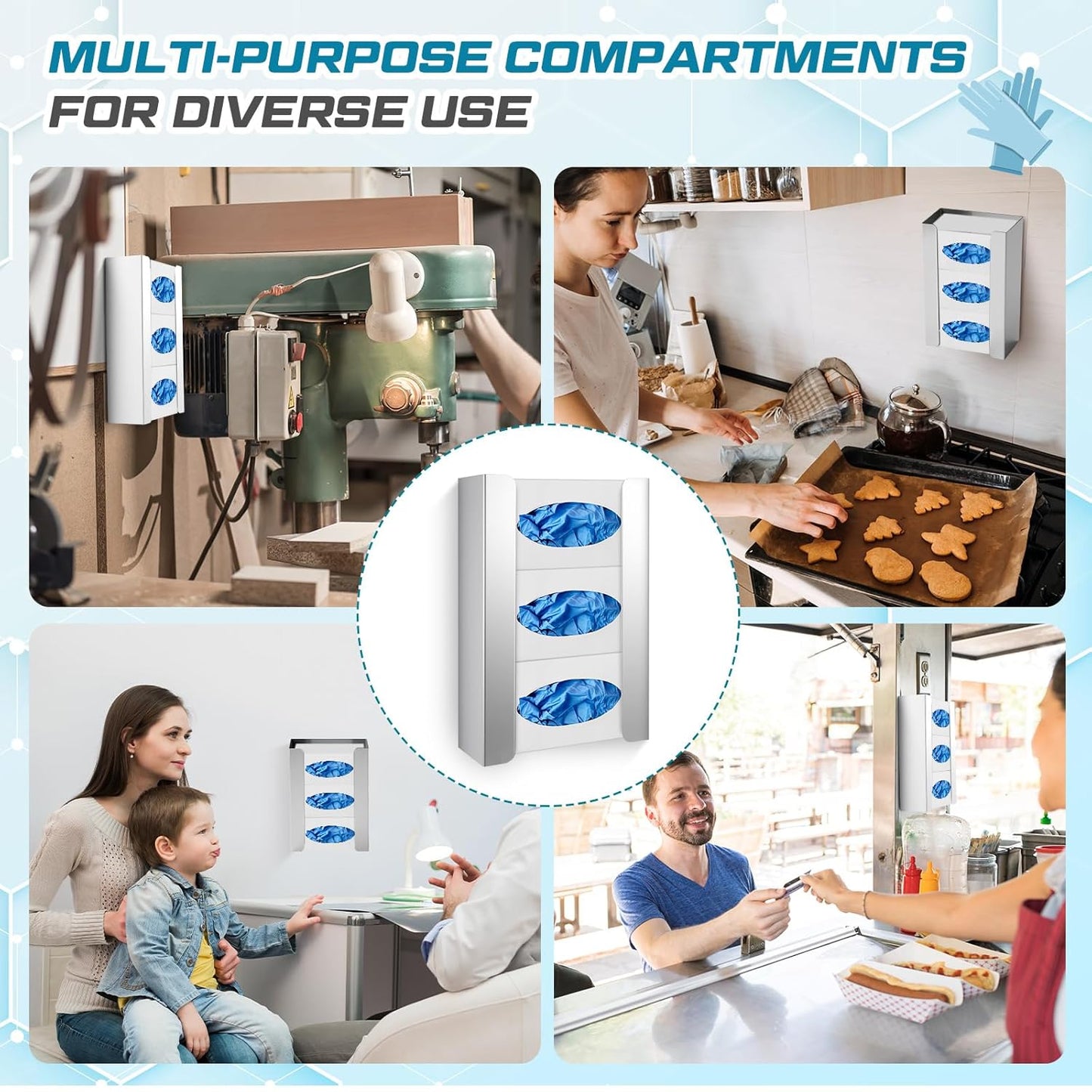 Blulu 4 Pack Glove Box Holder/Dispenser Stainless Steel Triple Wall Mounted Glove Box Organizer, 9.84" H x 14.96" W x 3.74" D