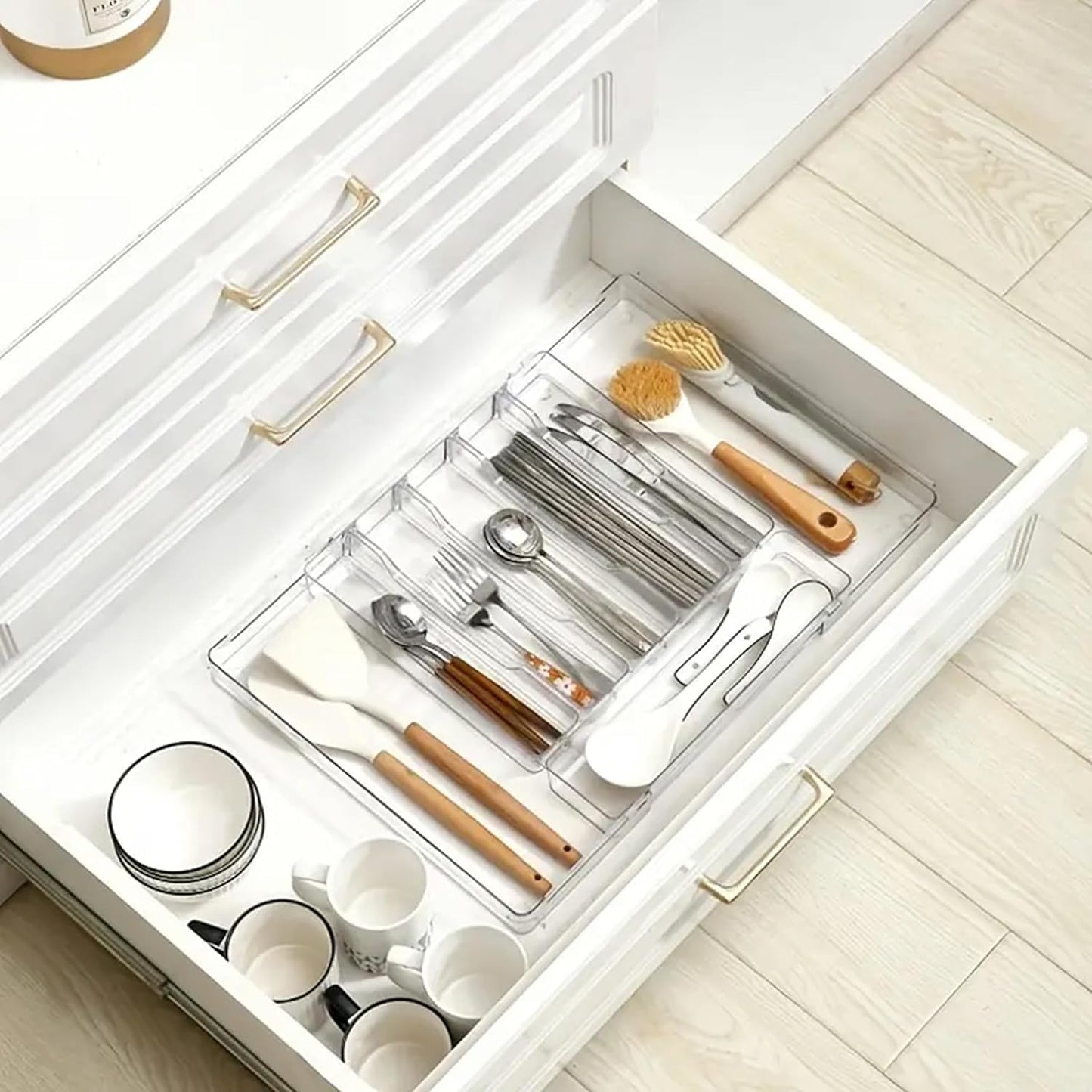 Silverware Drawer Organizer, Expandable Utensil Tray for Kitchen Drawers,BPA Free Flatware and Cutlery Holder,Adjustable Plastic Storage for Utensil like Spoons, Forks, Knives.Clear