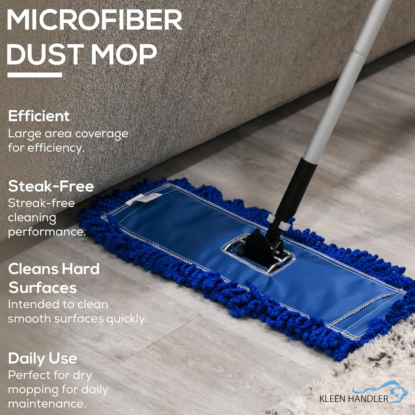 KLEEN HANDLER 18 Inch Microfiber Dust Mop Bulk Pack of 12, Large Washable Commercial Mop Head Replacement, Sweeper, Janitorial Supplies, Blue