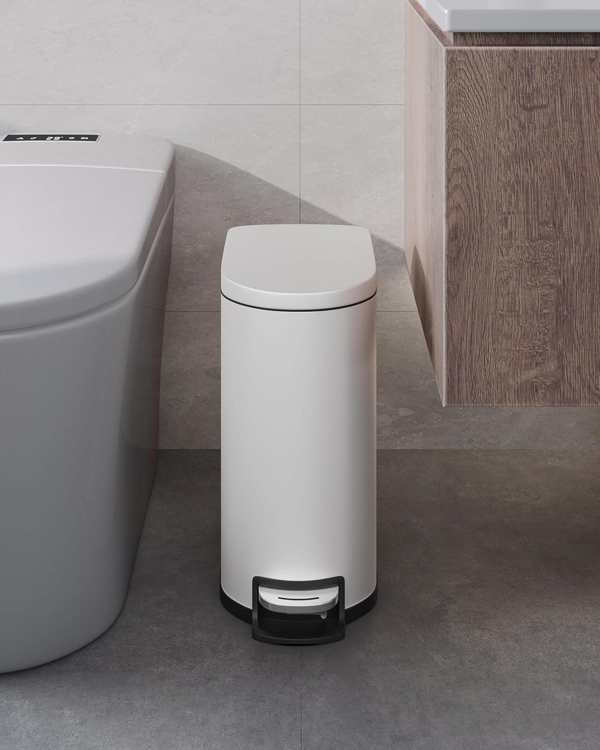 Garvee 13 Gal (50L) and 2.6 Gal (10L) Metal Trash Can Combo Set, Rustproof Garbage Can with Lid, Step-on Trash Bin with Inner Bucket, Rear Handle, White