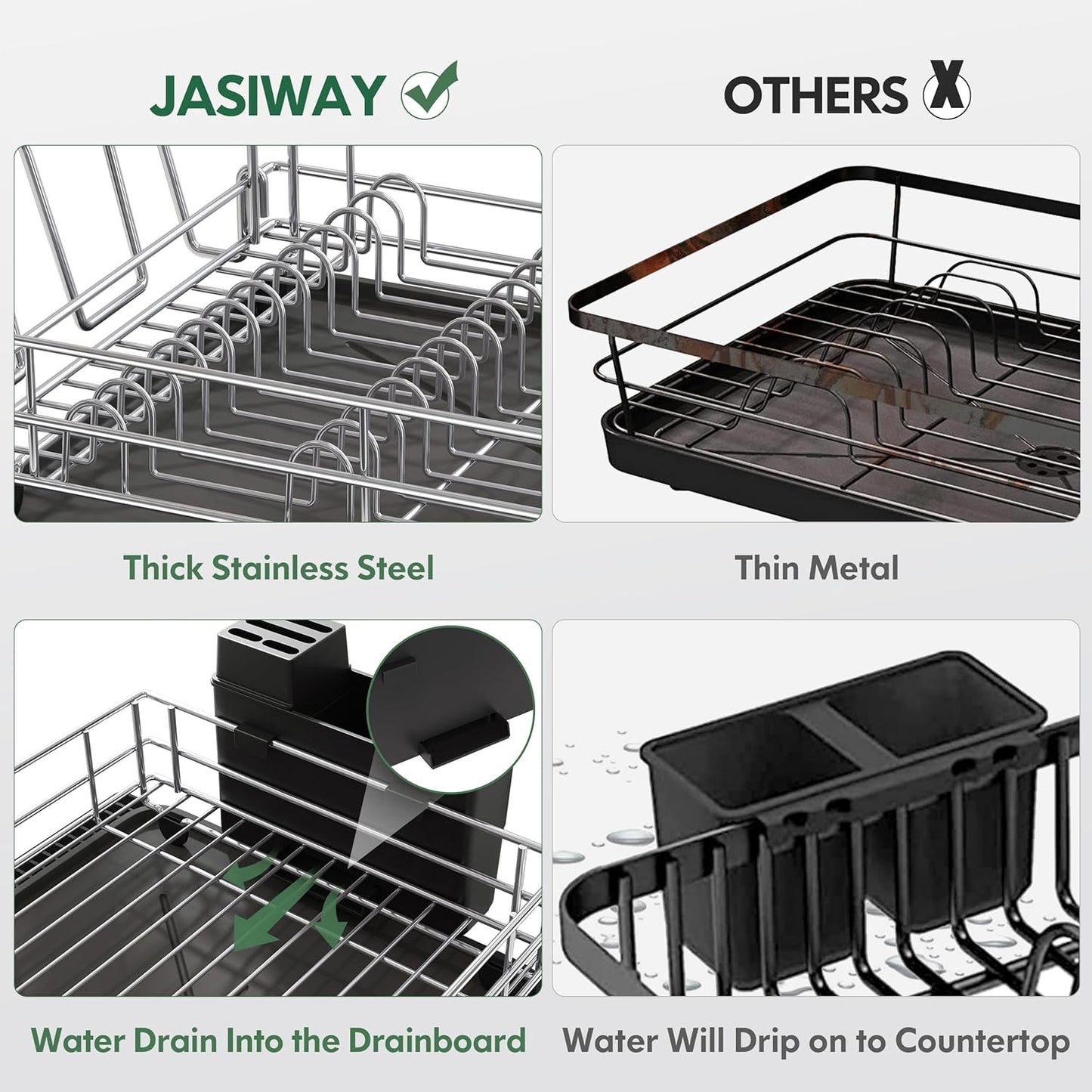 JASIWAY Stainless Steel Dish Drainers Drying Rack for Kitchen Counter with Drainboard, Rust Proof Metal, Space Saving, Modern Aesthetic, Compact Plates Strainers with Extra Mat, Silver