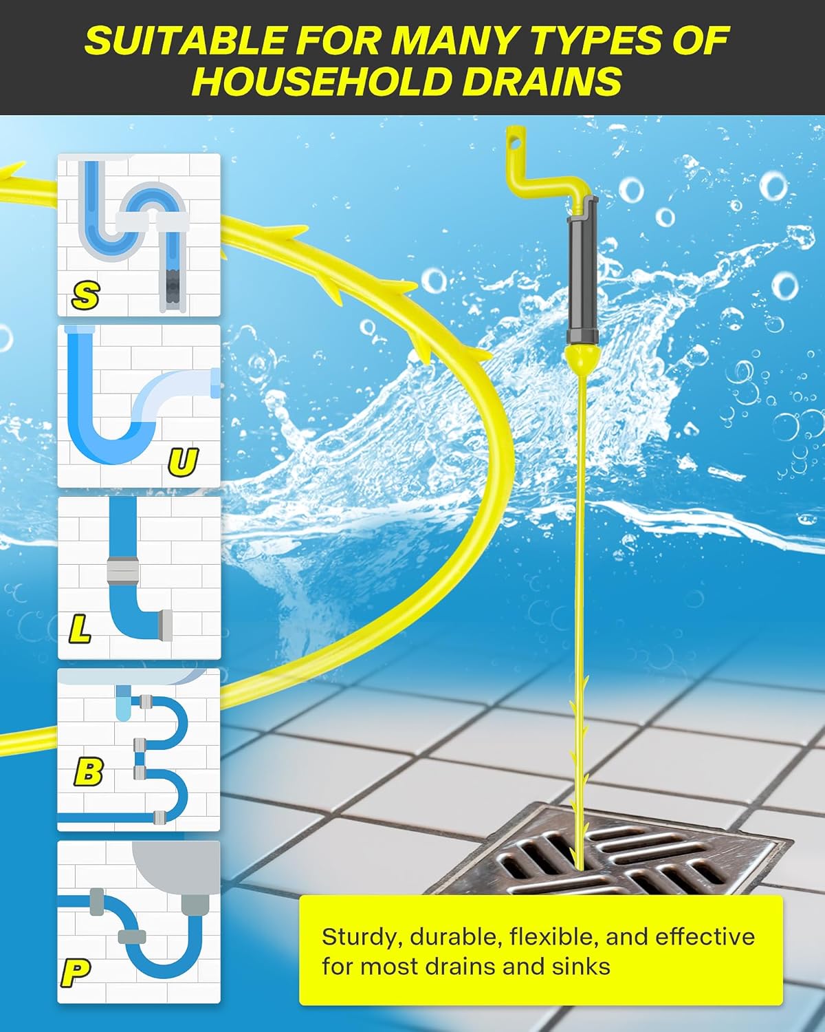 Drain Clog Remover Tool, 30 Inch Sink Snake Hair Clog Remover with Rotating Handle and 7 Wand Spares, Anti-Break Nylon Drain Hair Remover Plumbing Snake, Unclog Drain Quickly and Easily-7 Pack