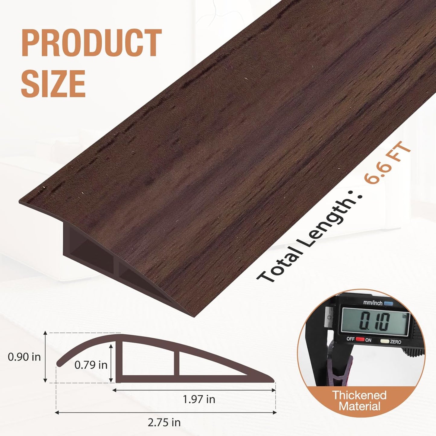 Floor Transition Strip Self Adhesive Vinyl Door Threshold for Doorways Carpet Edging Trim Overlap Edge Reducer for Laminate Floor, Carpet, Tile (Deep Brown Wood Grain, 3/5" to 4/5", 6.6Ft)