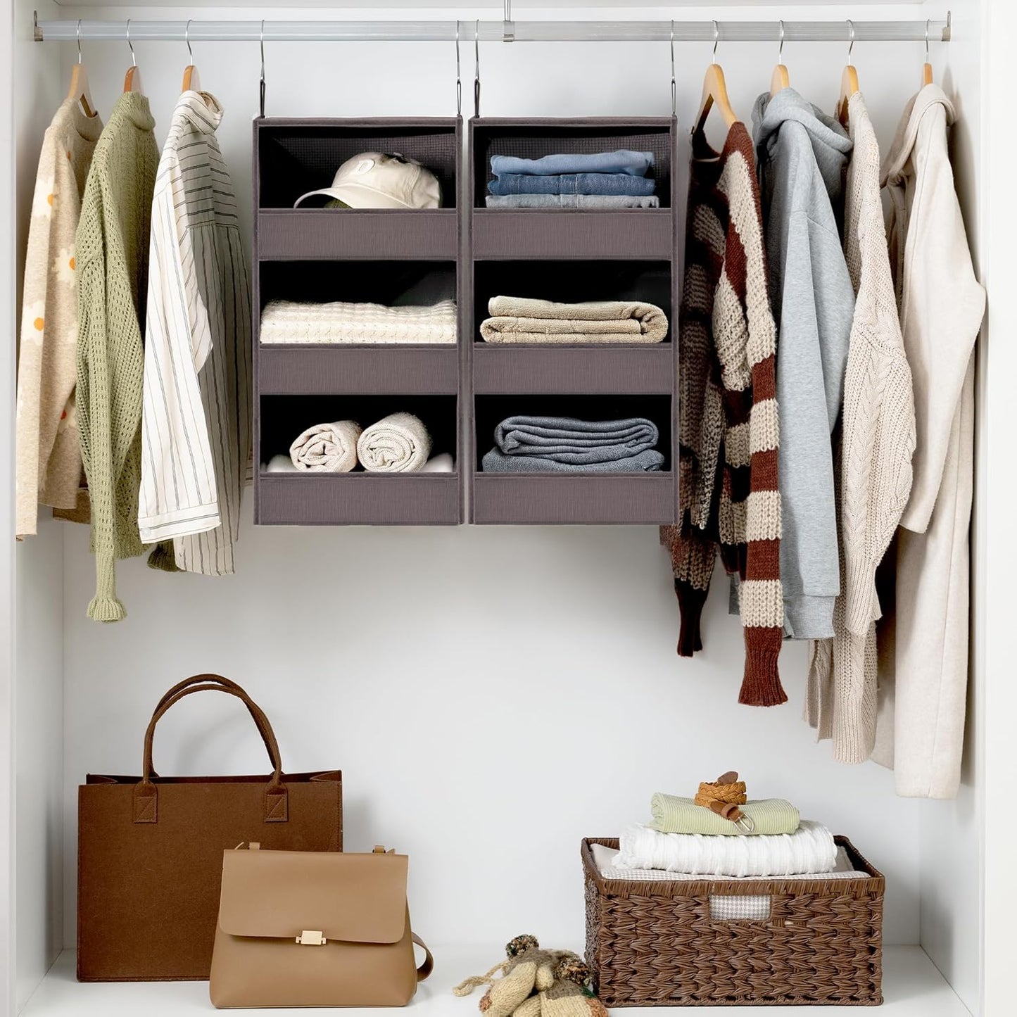 GRANNY SAYS 3 Shelf Hanging Closet Organizers and Storage, Collapsible Closet Storage Organizer with 2 Metal Hooks, Leak-Proof Hanging Shelves for Baby Clothes, Sweaters, 2 Pack, Dark Brown