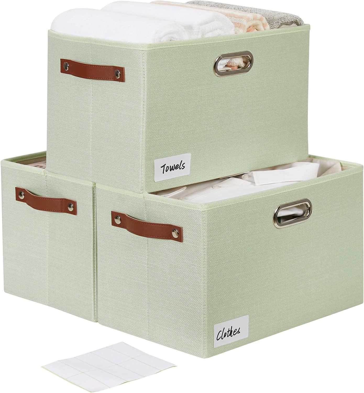Large 3-Pack Foldable Fabric Storage Bins with Durable PU & Metal Handles, Collapsible Storage Baskets for Shelves, Home Storage, Closet Organizers, Living Room(14.9"x9.8"x9.8", Sage Green)
