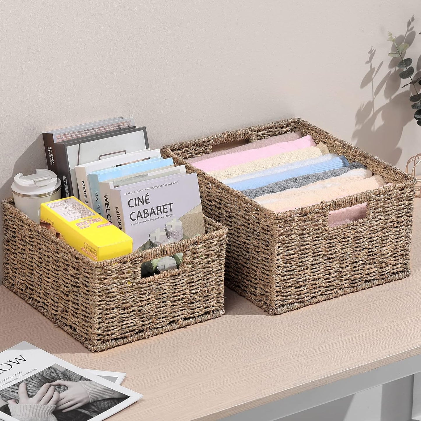 HOONEX Large Wicker Baskets for Storage, Seagrass Baskets with Dual Handles, Woven Set of 2, Natural