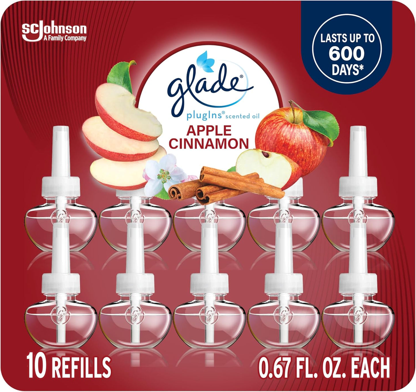 Glade PlugIns Refills Air Freshener, Scented and Essential Oils for Home and Bathroom, Apple Cinnamon, 6.7 Fl Oz, 10 Count (Packaging May Vary)