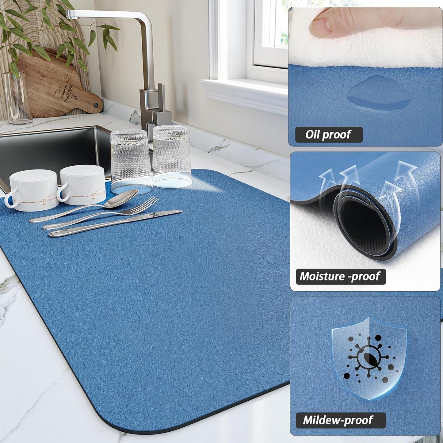 Dish Drying Mat for Kitchen Counter, Heat Resistant Drainer Mats with Non-slip Rubber Backed, Hide Stain Kitchen Super Absorbent Draining Mat, Easy to Clean Dish Rack Pad, Blue 18"x32"