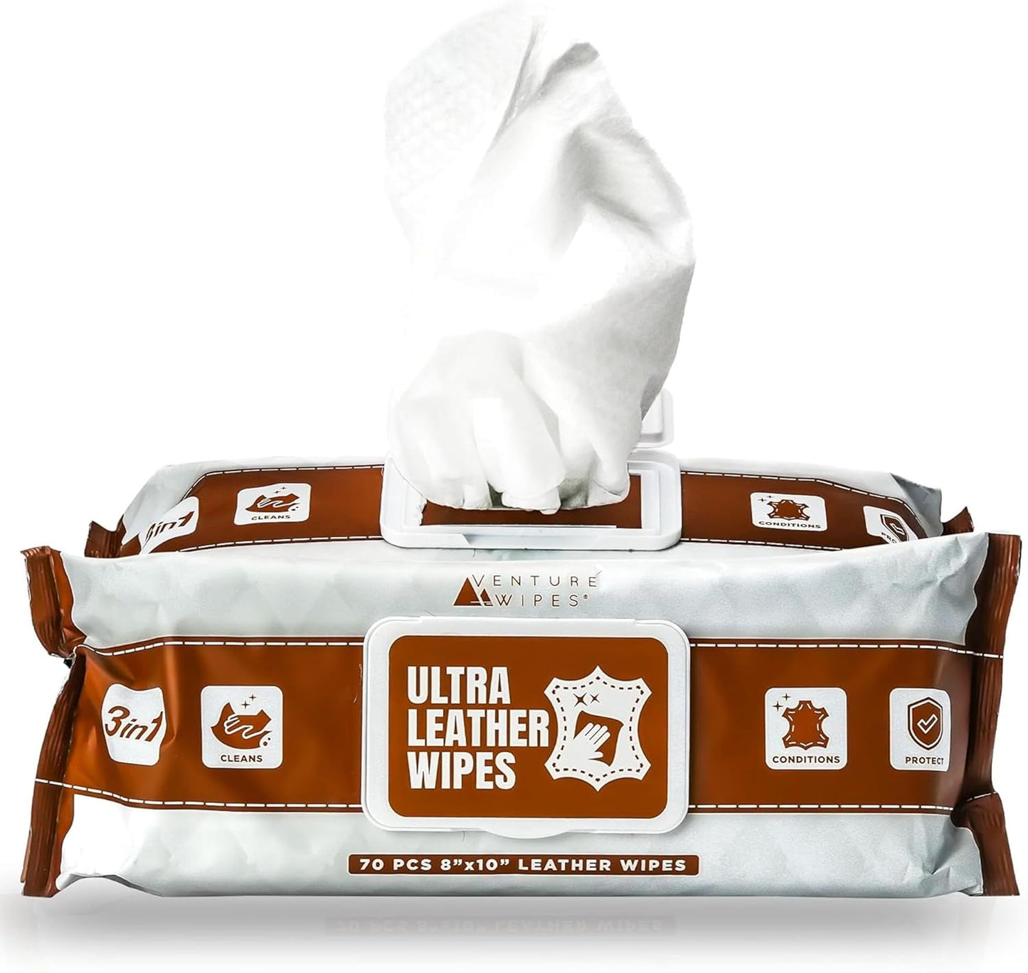Venture Wipes Leather Cleaner Wipes - Clean, Condition, & Protect - Cleansing Wipes for Interior, Furniture, Purses, Shoes Boots - Car Cleaning Supplies - Extra Large 8"x10" - 70 Count
