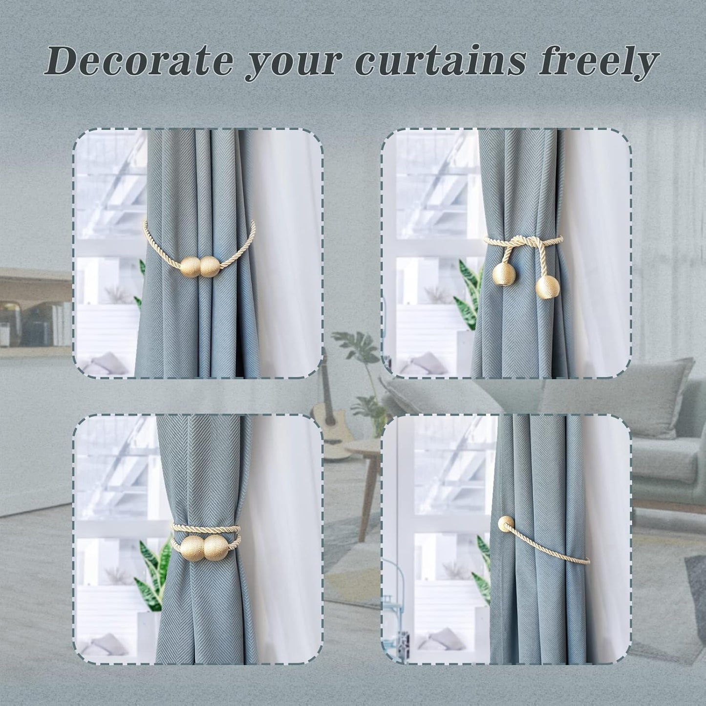 Hion Magnetic Curtain Tiebacks Beige 4 Pack, Curtain Tiebacks Buckles Holdbacks Holders Hooks Clip for Home Bedroom Office Decorative Thick or Thin Curtain